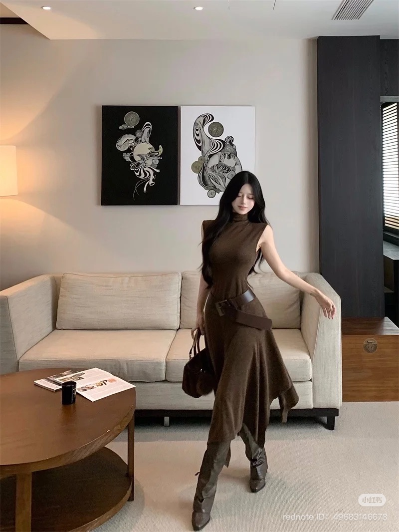 Lucas - Váy thun len cổ dựng zile chân may phối xéo lệch + belt_thumbnail_2