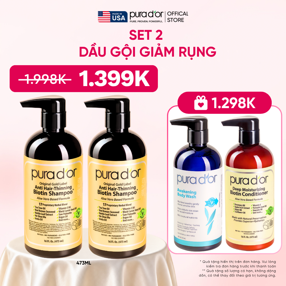 Set 2 Dầu Gội Biotin Pura D'or Original Gold Label Chăm Sóc Da Đầu, Giảm Rụng Tóc, Hỗ Trợ Mọc Tóc 473ml