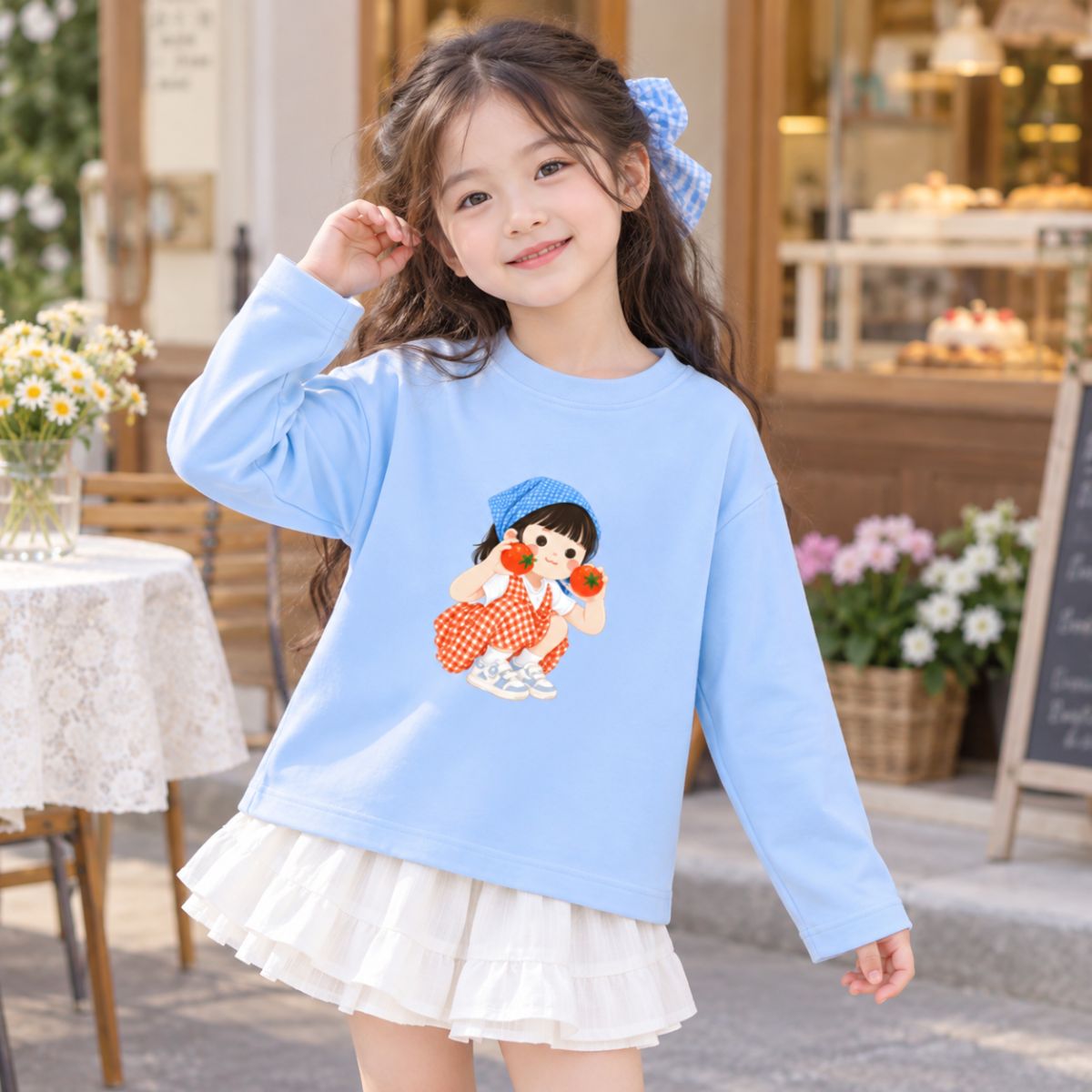 Áo thun dài tay bé gái in hình Cô gái cầm quả cà chua - Loza KT3800