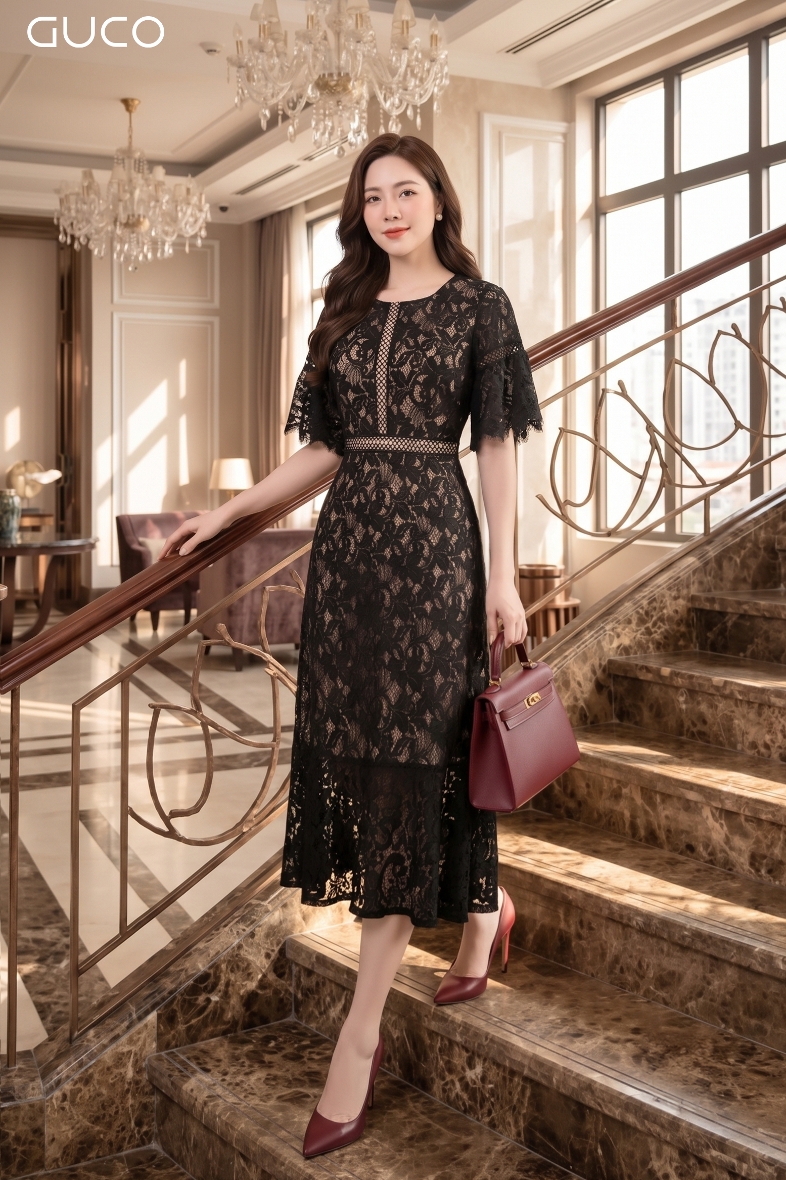 Đầm Dự Tiệc Đuối Cá Phối Ren Đen - 5279
