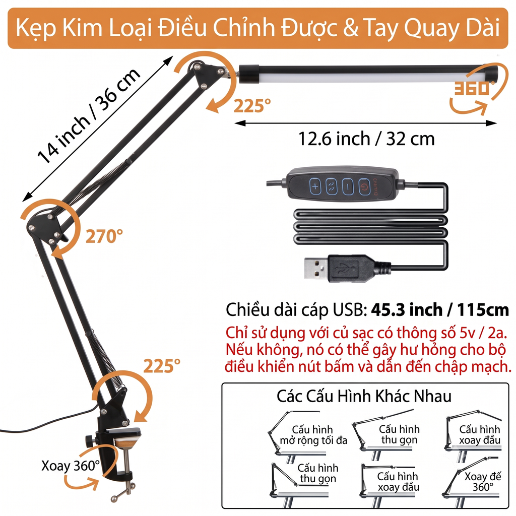 Đèn Kẹp Bàn Đọc Sách Cao Cấp Longtoo T09 –  Khung Hợp Kim Nhôm, Tiết Kiệm Điện_thumbnail_4