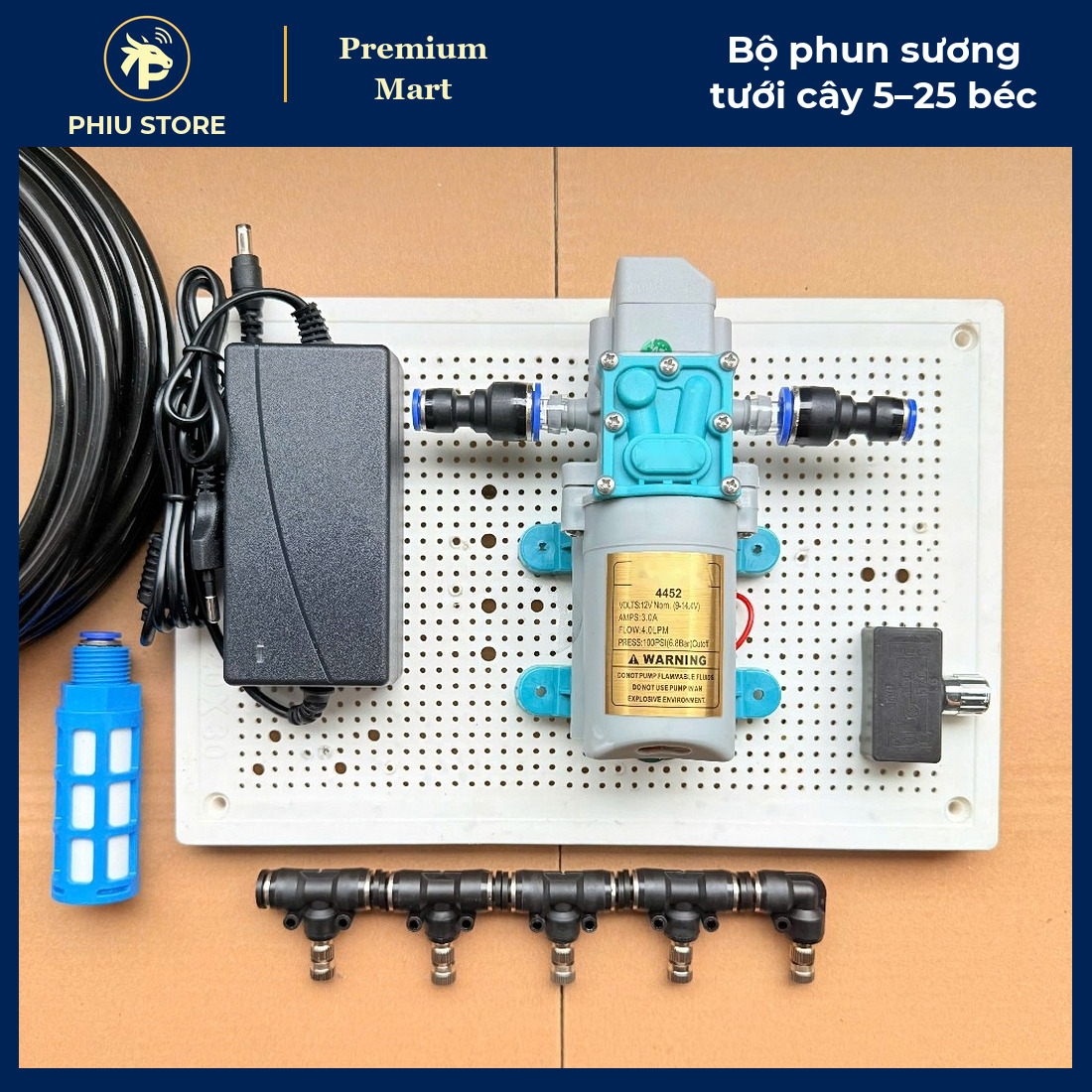 Bộ Phun Sương Làm Mát Tưới Cây Bơm 12V 5–25 Béc Inox, Có Bản Ổ Cắm Wifi Điều Khiển Từ Xa Hẹn Giờ - PHIU STORE