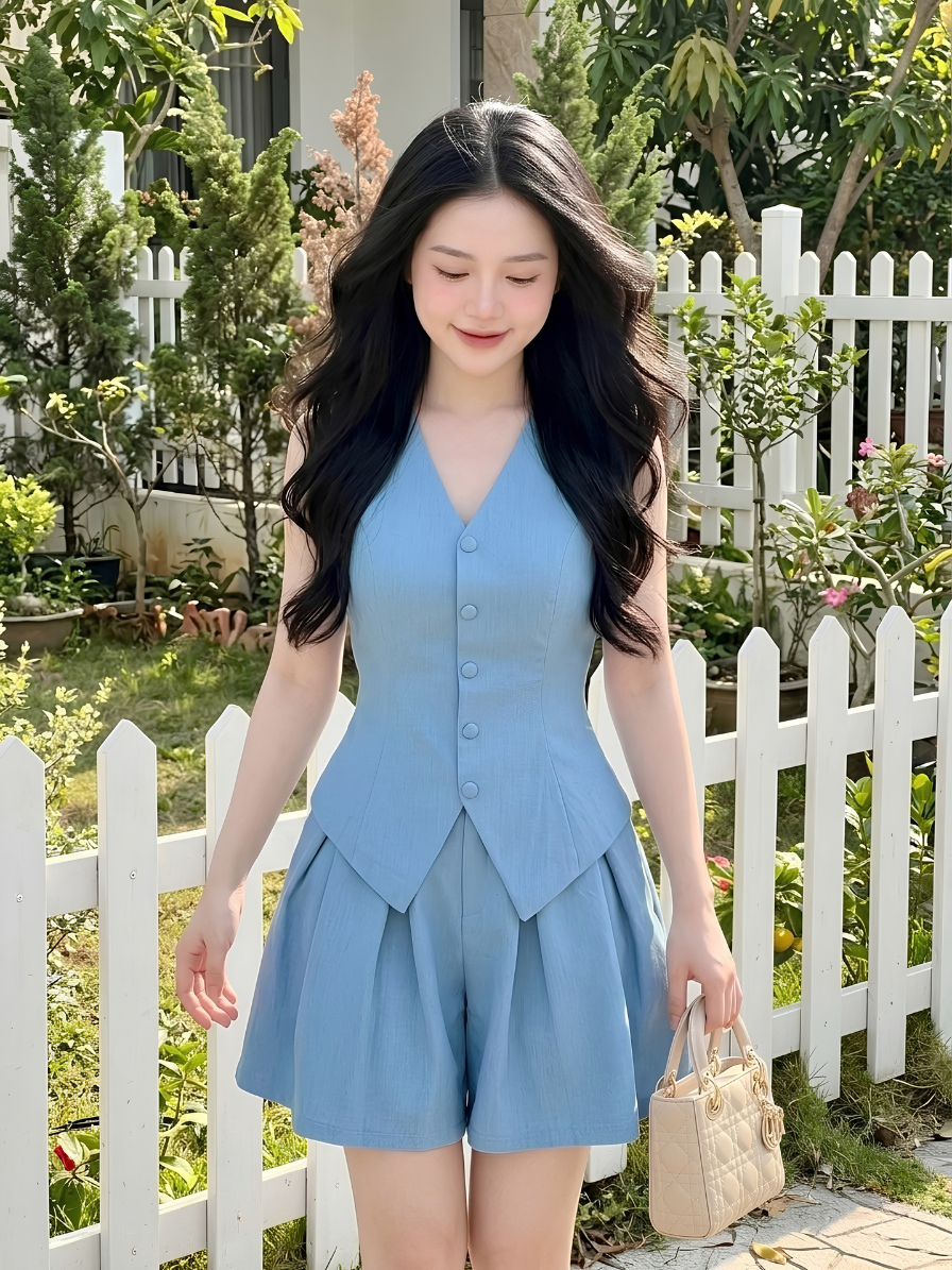 M44 - Set Bộ Áo Gile & Quần Short Xếp Ly