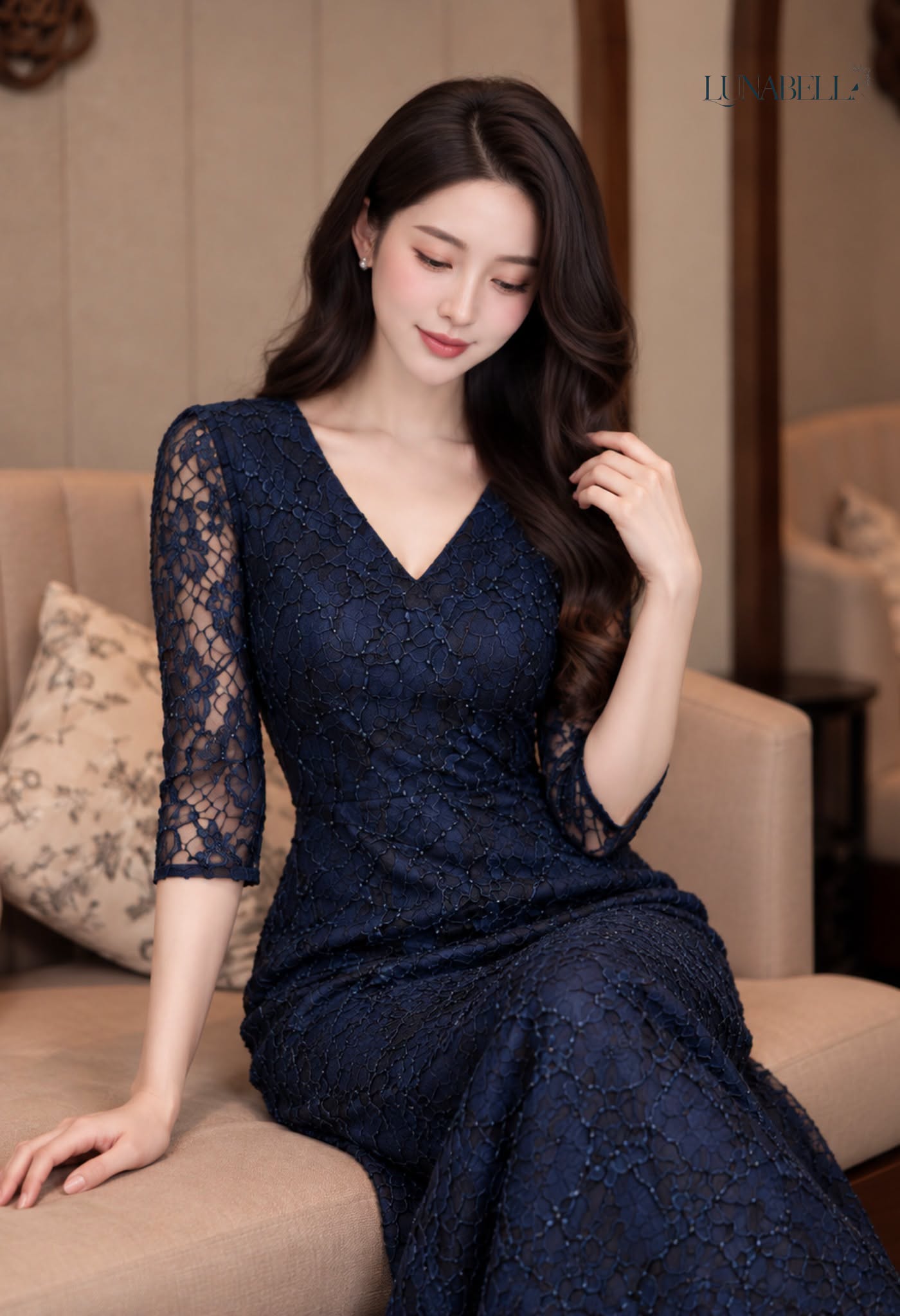 Váy ren dài mix kim tuyến NAVELA màu XANH NAVY_thumbnail_1
