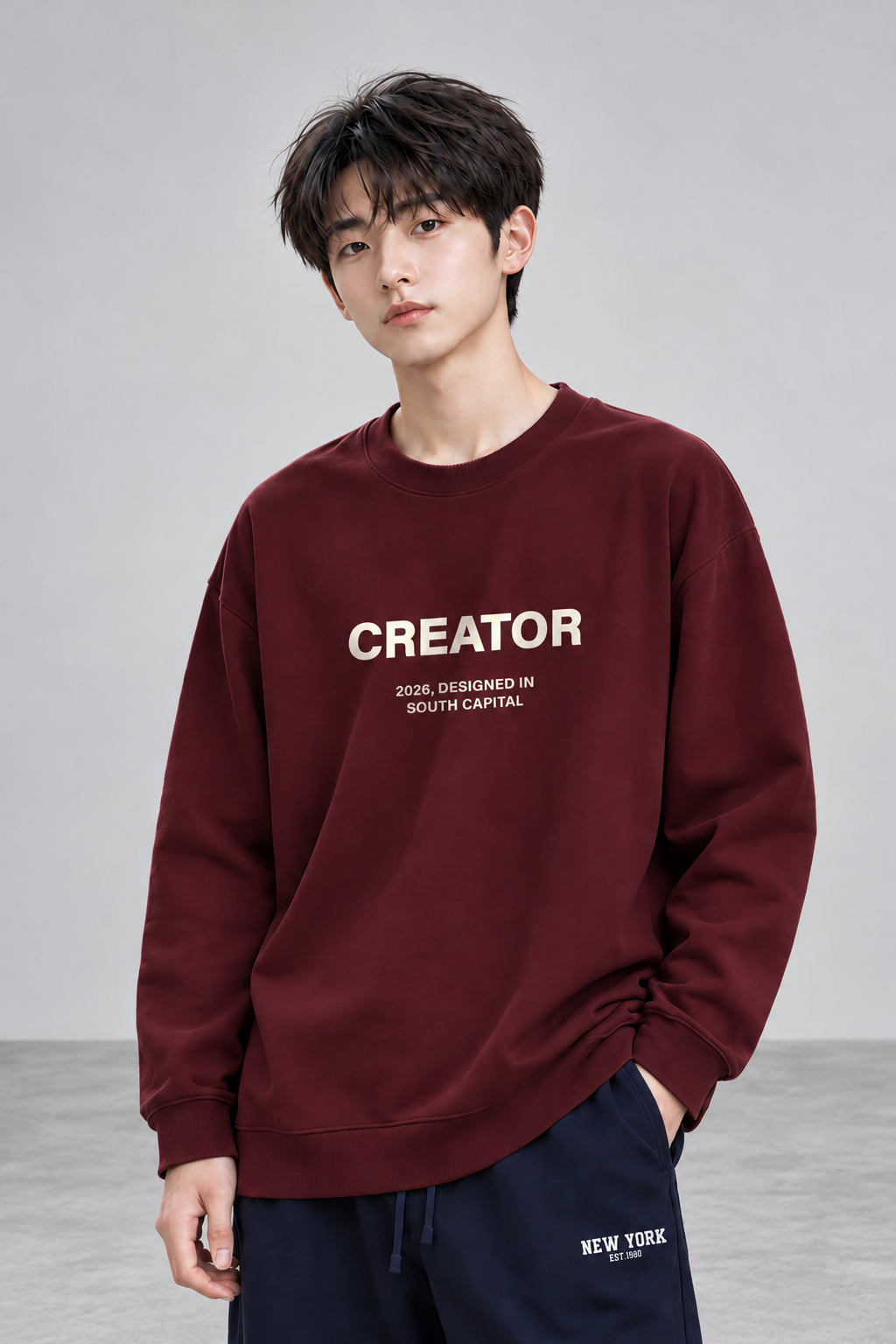 Áo nỉ cổ tròn nam tuổi teen đỏ đô Creator