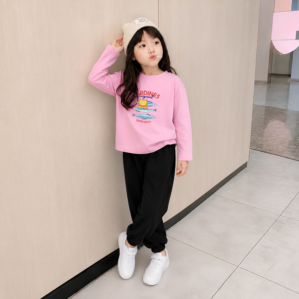 Set bộ Thu - Đông chất liệu cotton bé gái hình Mèo và 3 con cá - Loza BW725 BW725