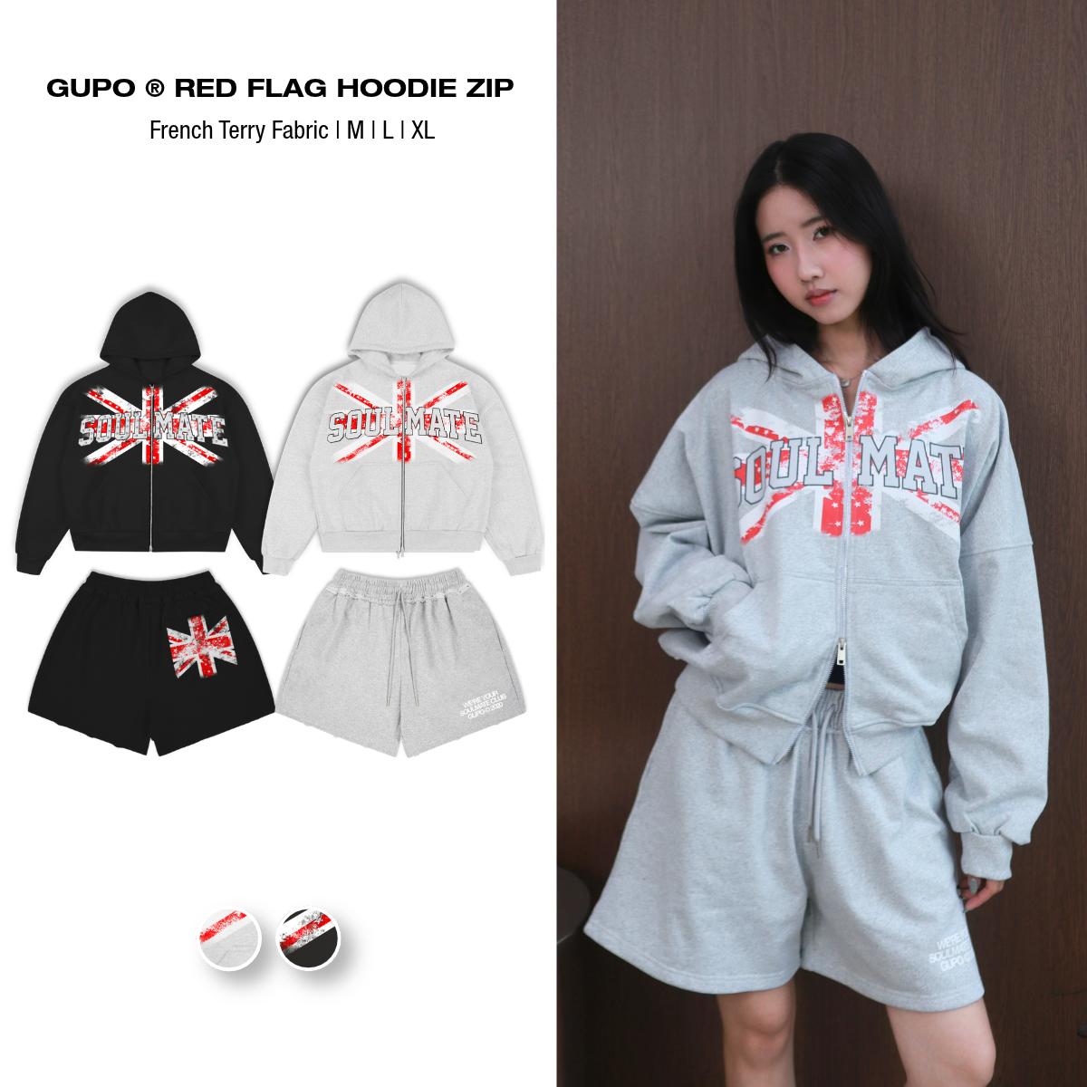 Set Bộ Nỉ GUPO Red Flag Áo Hoodie Zip Và Quần Short Baggy Nỉ Chân Cua Unisex Local Brand - SETNC
