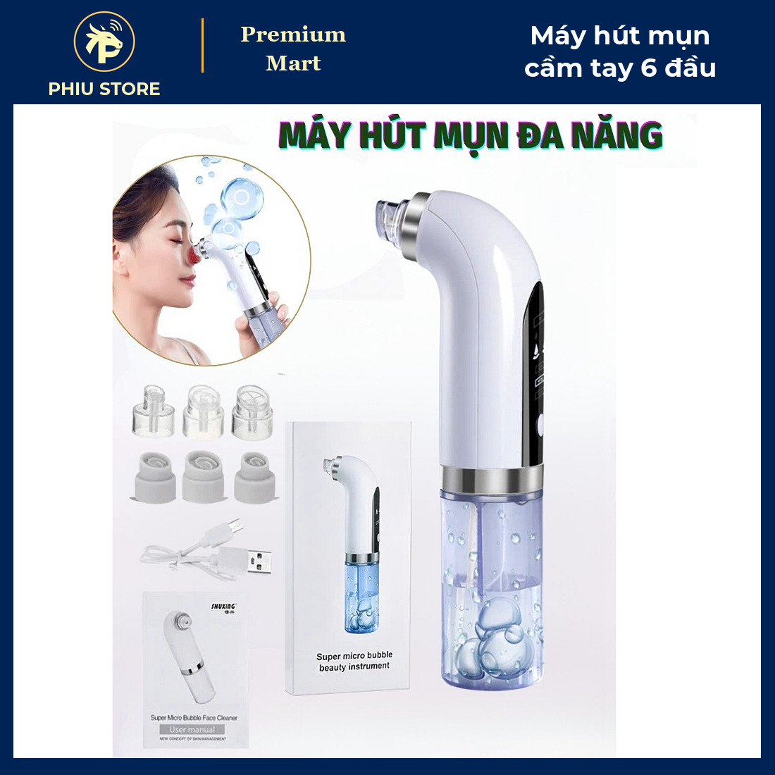 Máy Hút Mụn Cầm Tay Chân Không 3 Mức Lực Hút Kèm 6 Đầu Hút, Pin Sạc USB, Có Ngăn Chứa Dung Dịch - PHIU STORE