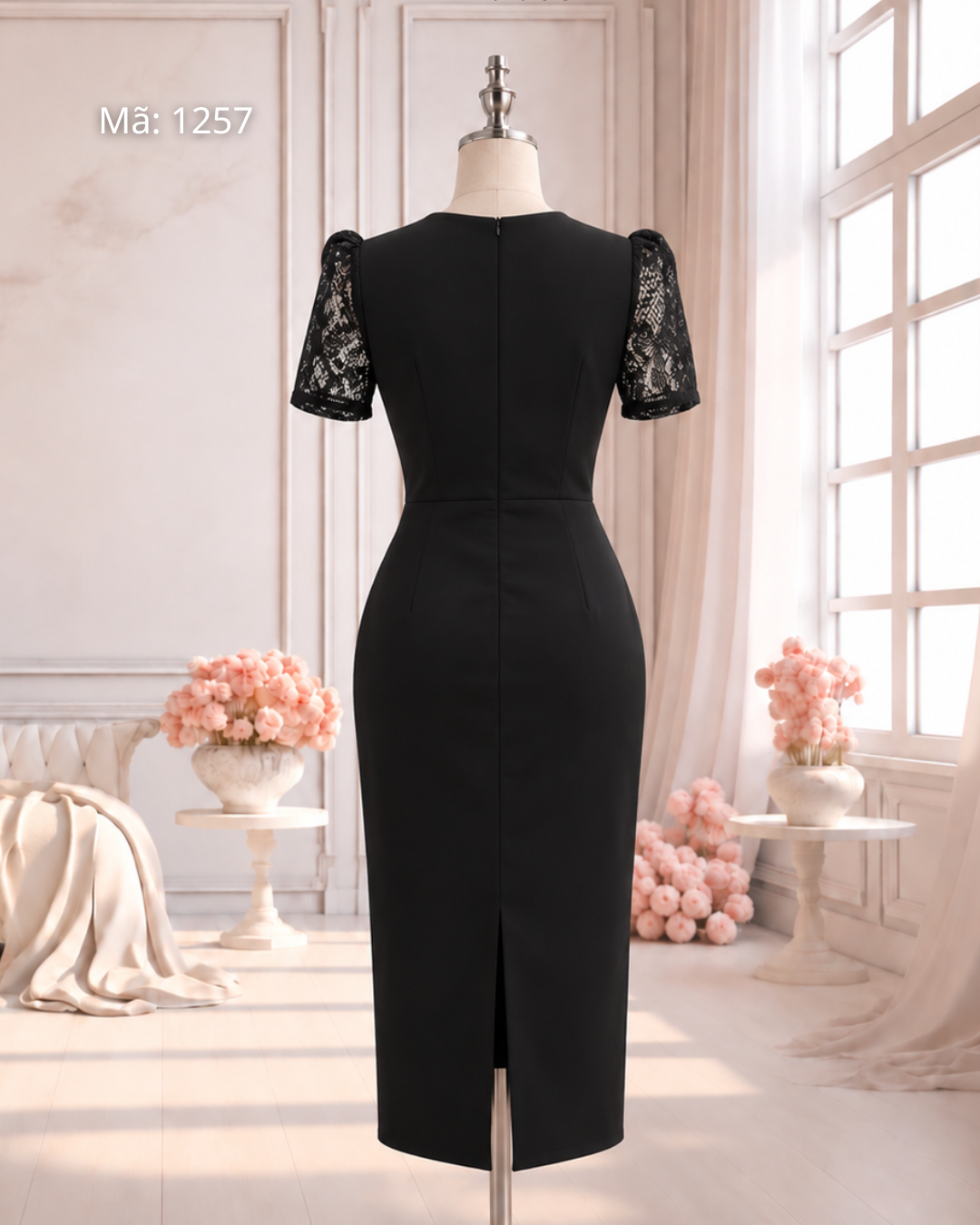 Đầm Bút Chì Cổ V Ren Ngực Phối Lưới