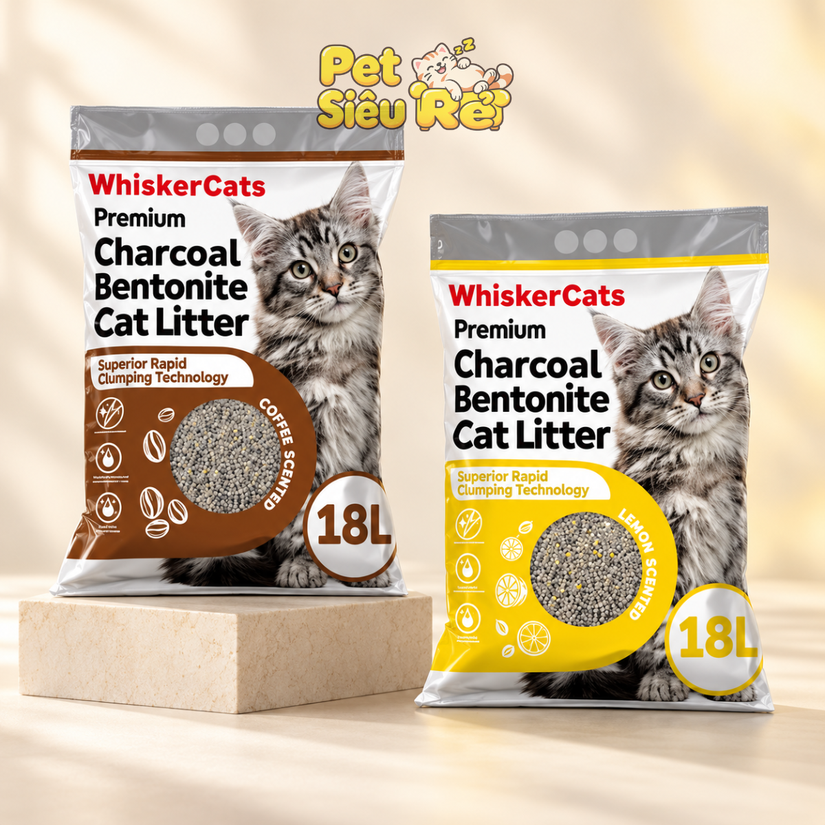 Cát đất sét than hoạt tính WhiskerCats cho mèo 9L/4kg
