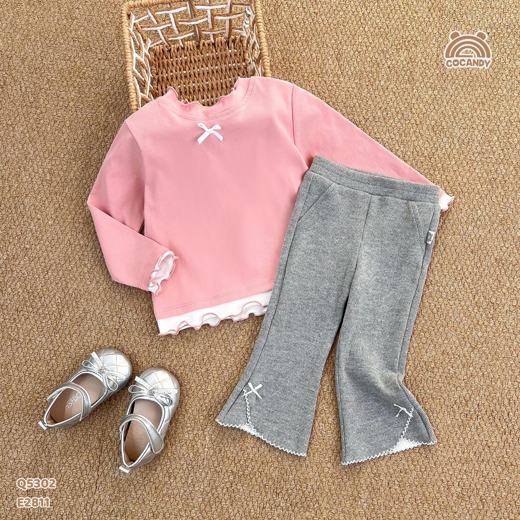 Quần dài legging XÁM NHẠT phối nơ gấu