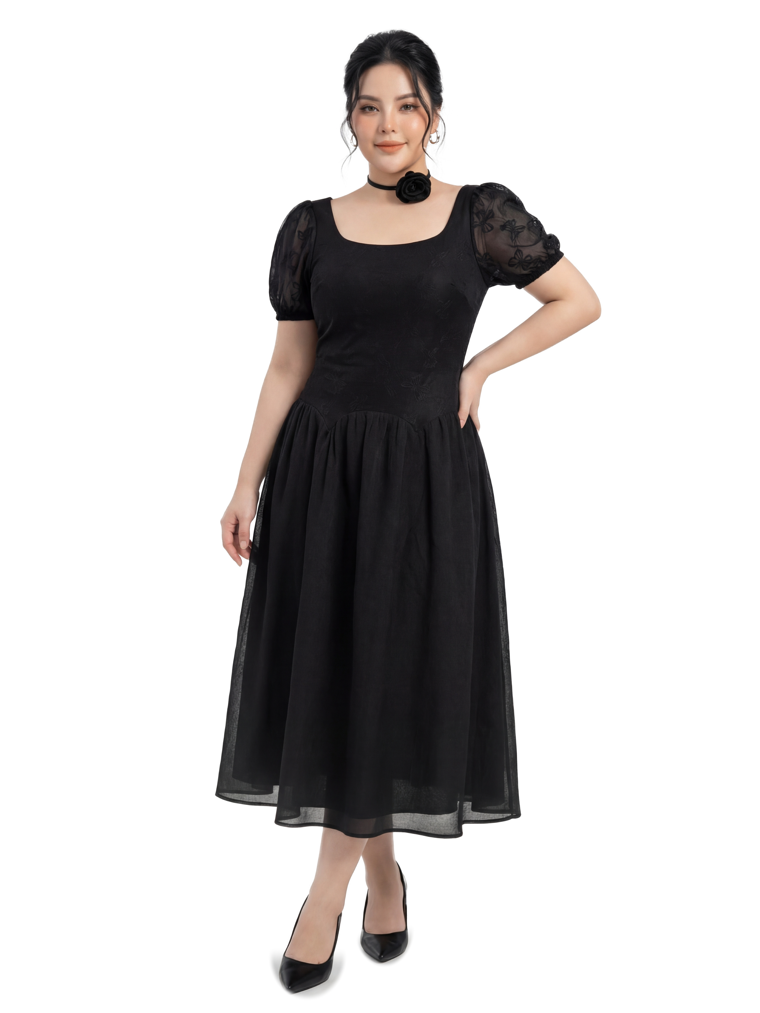 BIGSIZE NỮ - Đầm ren tùng dáng dài phối hoa V-DA201