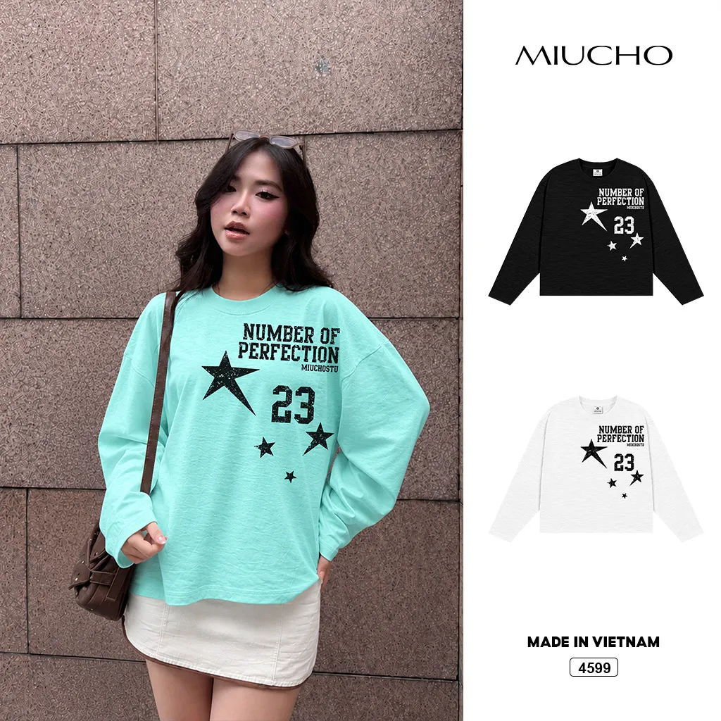 Áo thun nữ boxy tay dài chất cotton xước Miucho hình ngôi sao phong cách thể thao Mỹ 4599