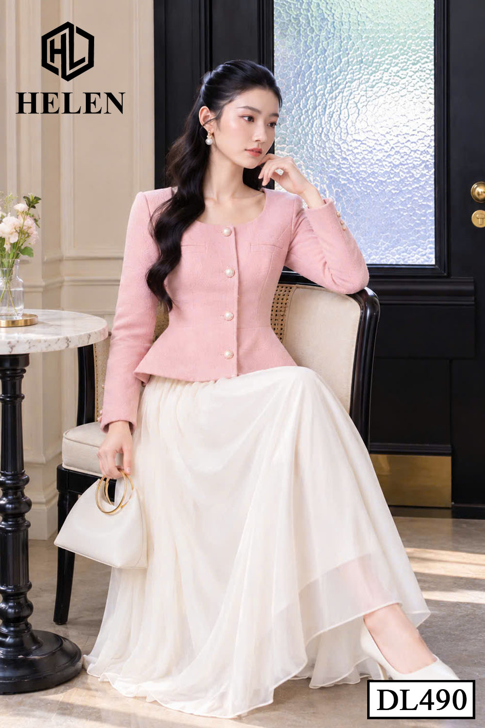 Đầm xòe liền thân hồng phối chân voan DL490_thumbnail_0