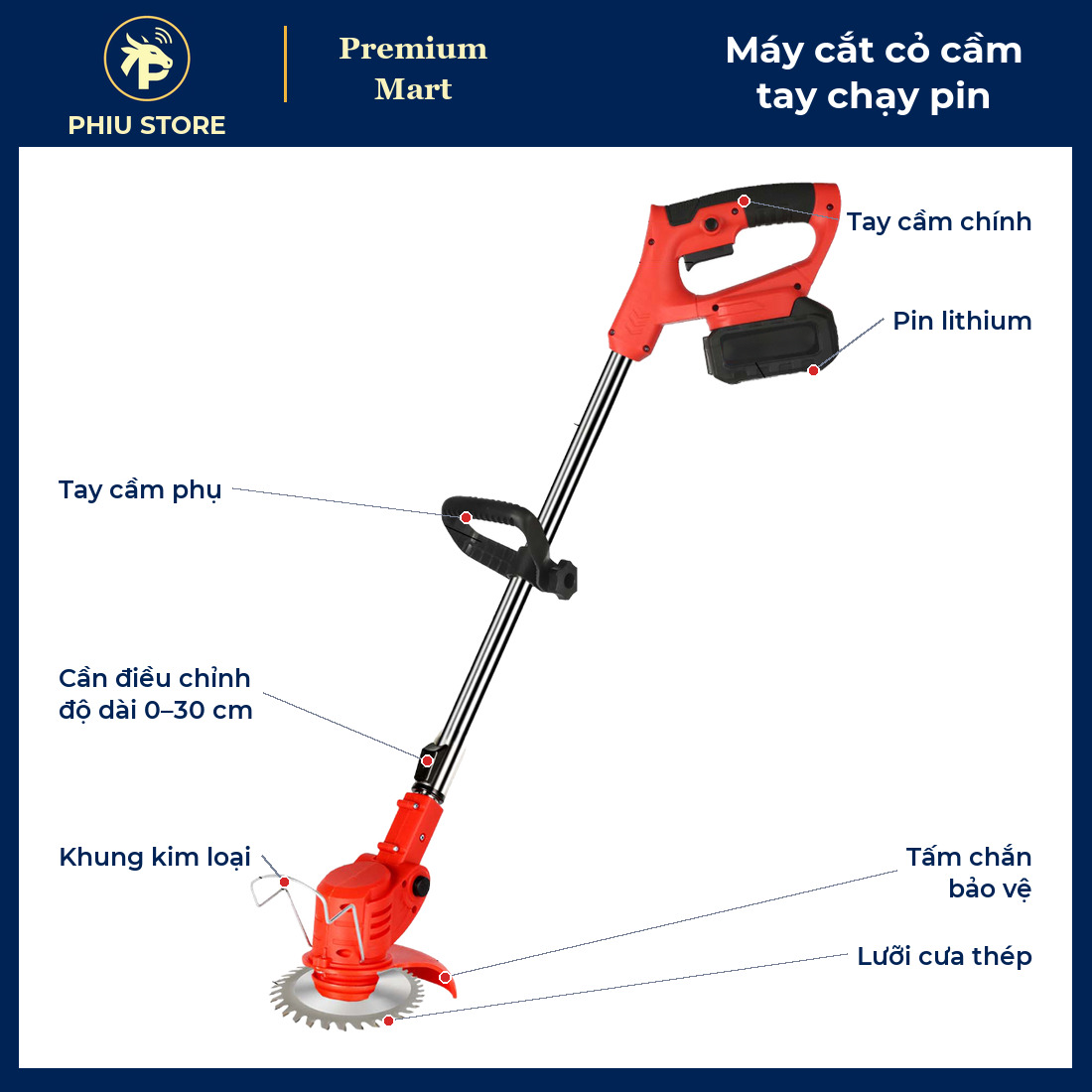 Máy Cắt Cỏ Cầm Tay Chạy Pin Không Dây Kèm 8 Lưỡi Cắt, Cần Kéo Dài 0–30 cm - Cắt Cỏ, Tỉa Bụi, Vườn Nhà - PHIU STORE