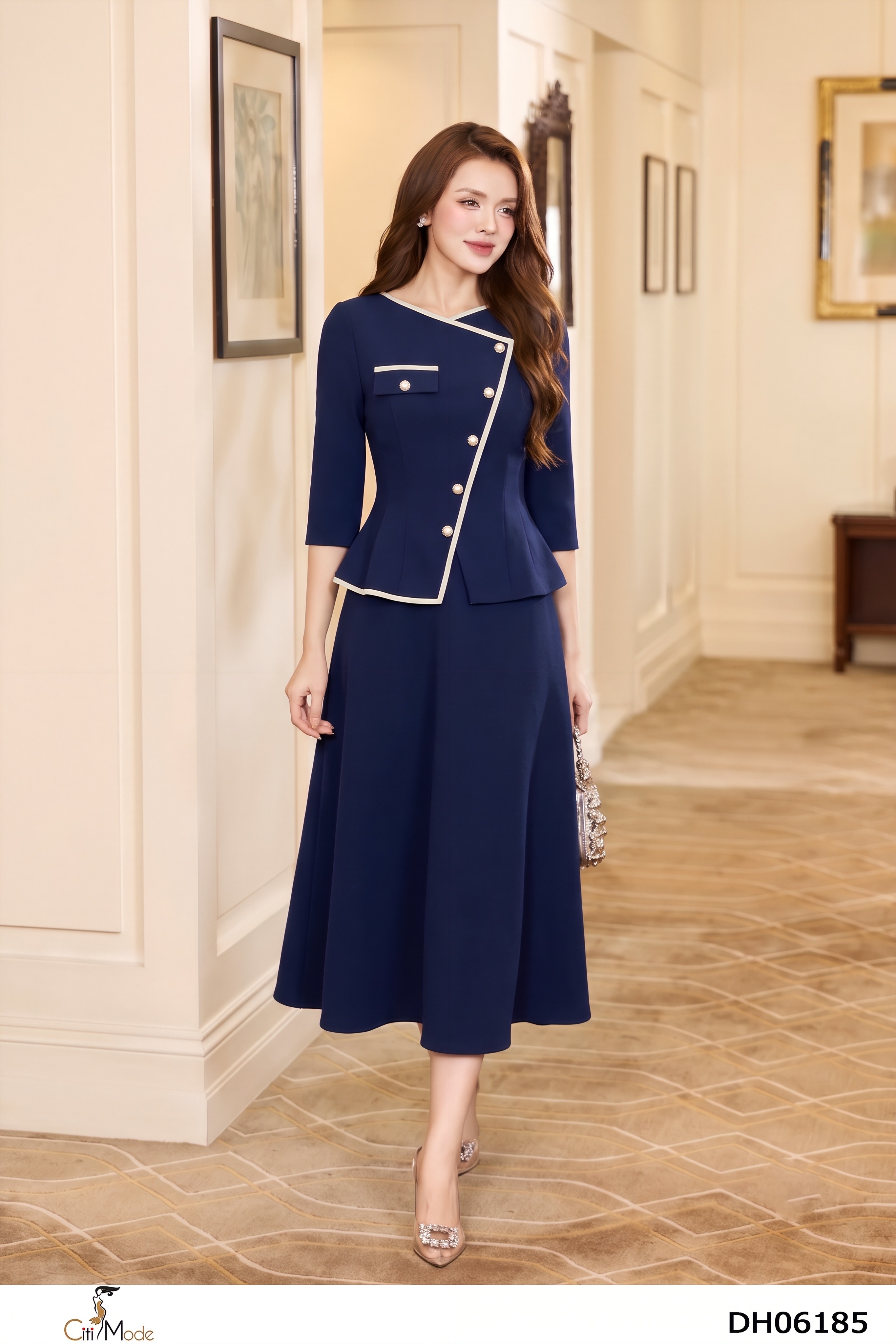 Đầm xòe giả set xanh đen tay dài cổ V  phối viền