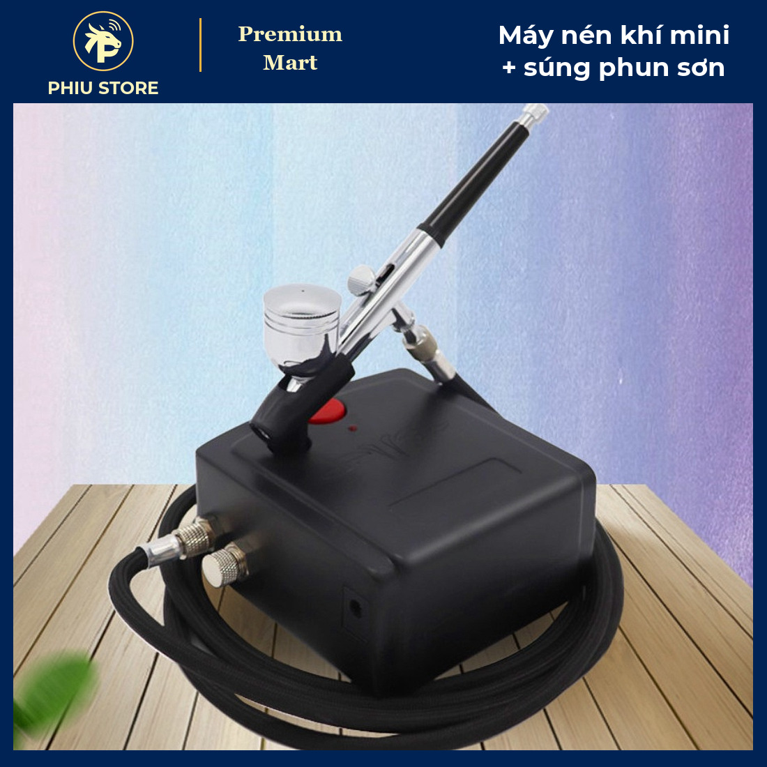 Máy Nén Khí Mini Kèm Súng Phun Sơn Airbrush Kim 0,3 mm, Lọc Nước - Phun Sơn Mô Hình, Trang Điểm, Làm Bánh - PHIU STORE