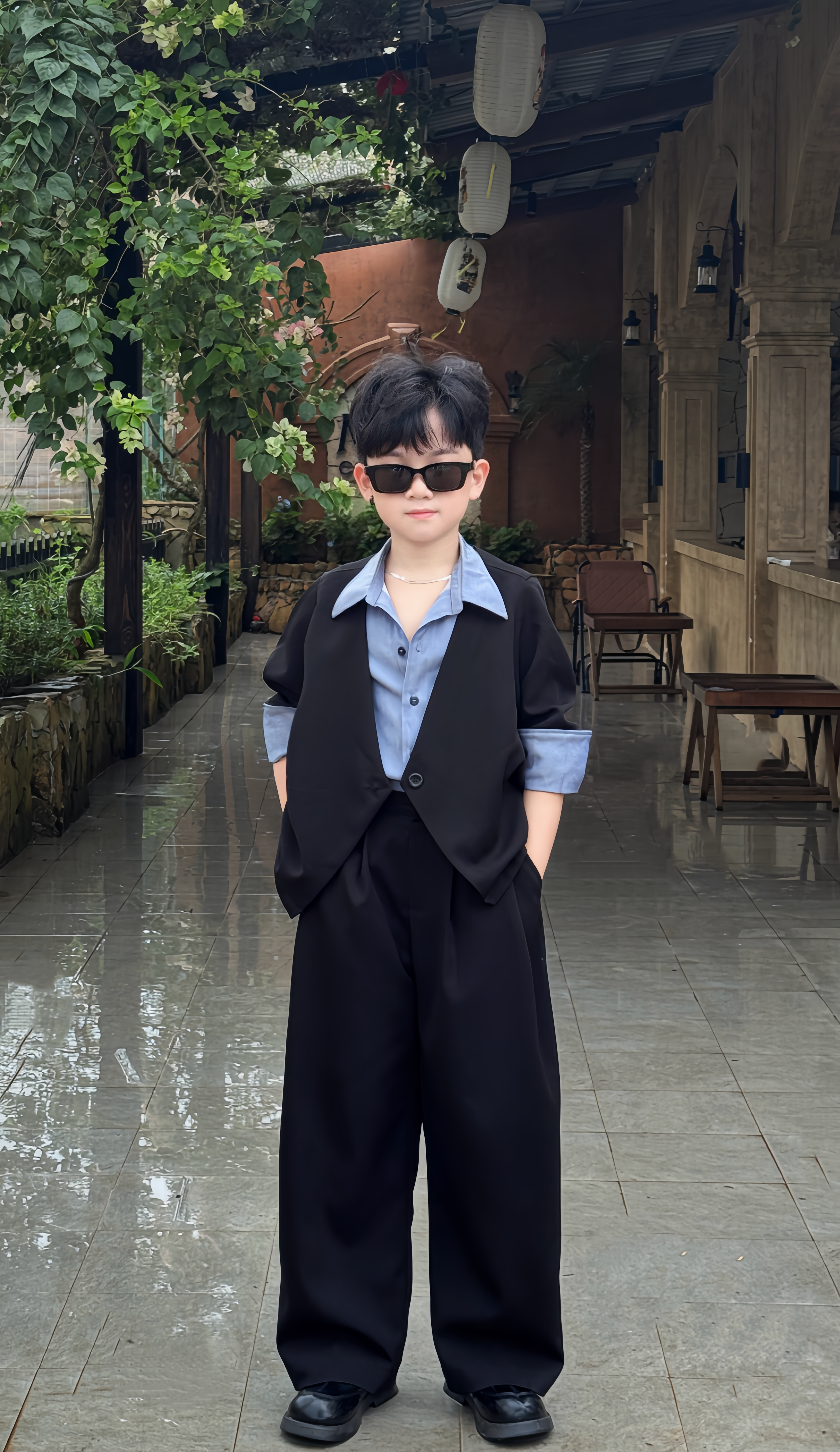 Áo Xanh Giả Vest (dính liền) và Quần Suông Đen Cho Bé,_thumbnail_2