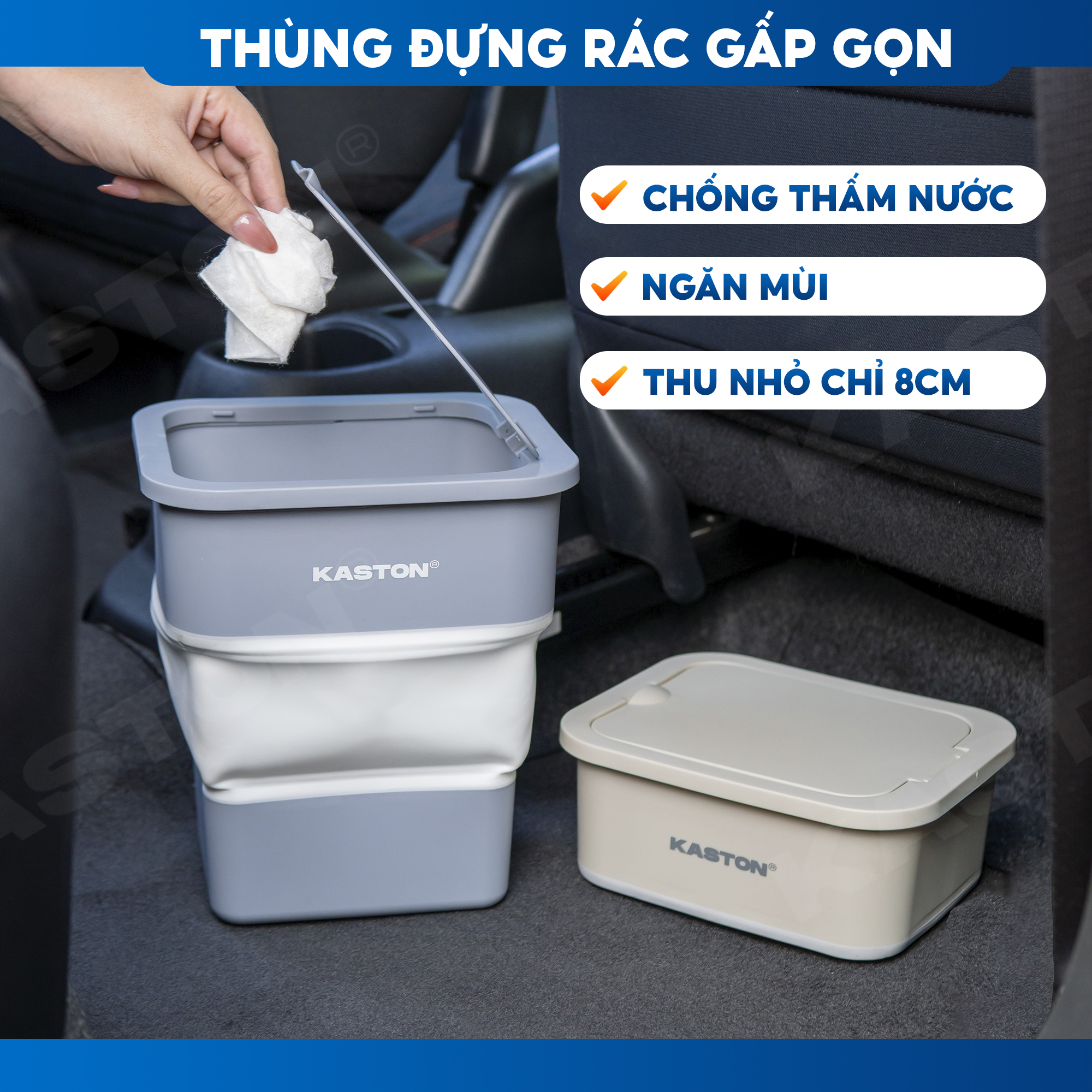 Thùng đựng rác gấp gọn Kaston - Có nắp đậy tiện lợi, chống thấm nước