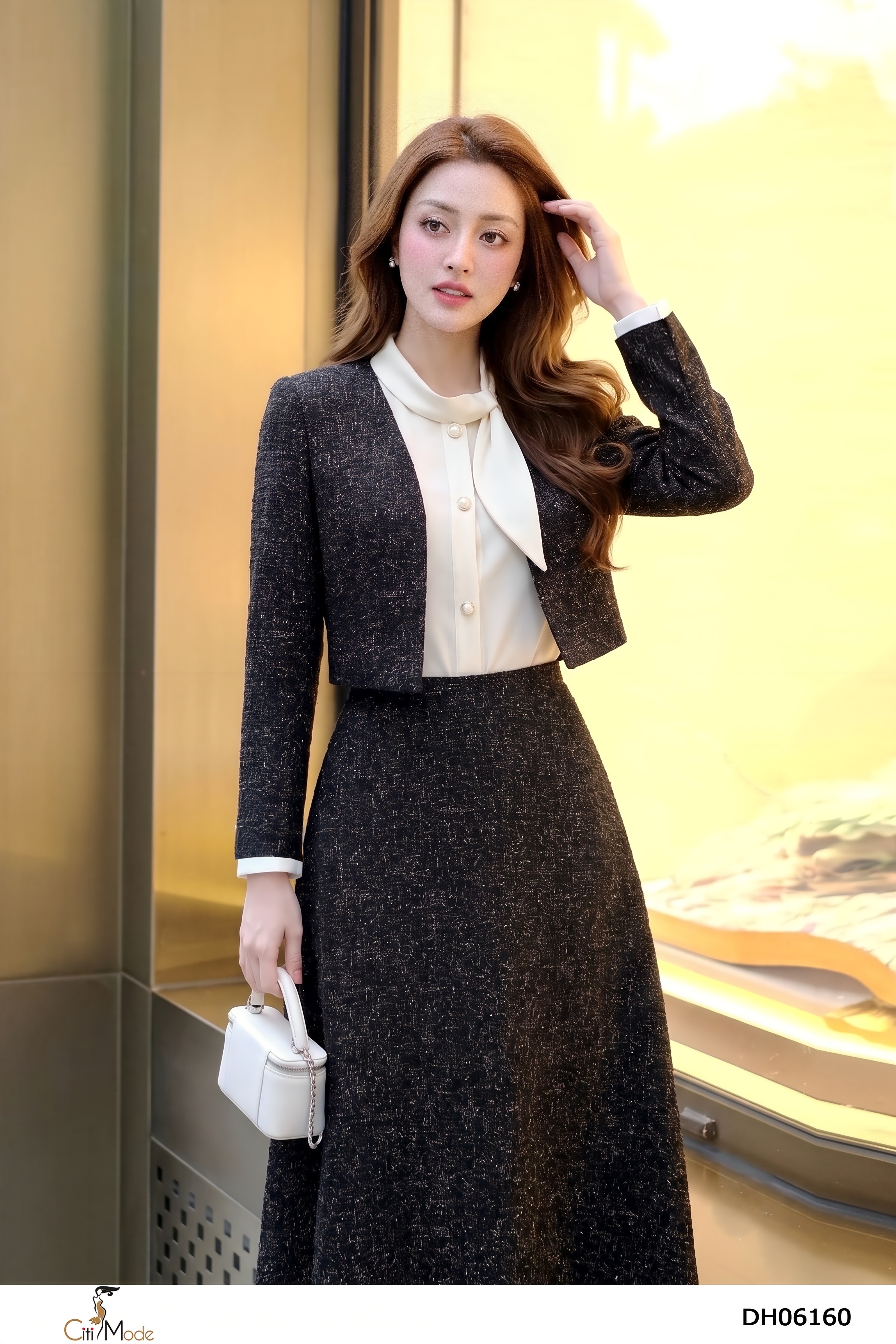 Đầm xòe dạ đen giả sét phối trắng kem tay dài cổ cách điệu_thumbnail_2