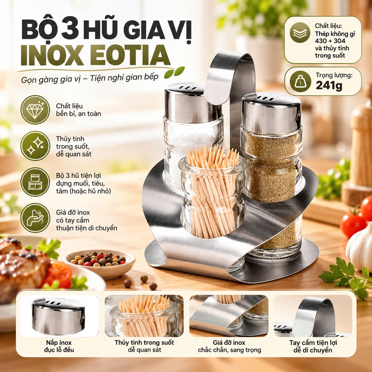 Eotia Bộ 3 Hũ Gia Vị inox