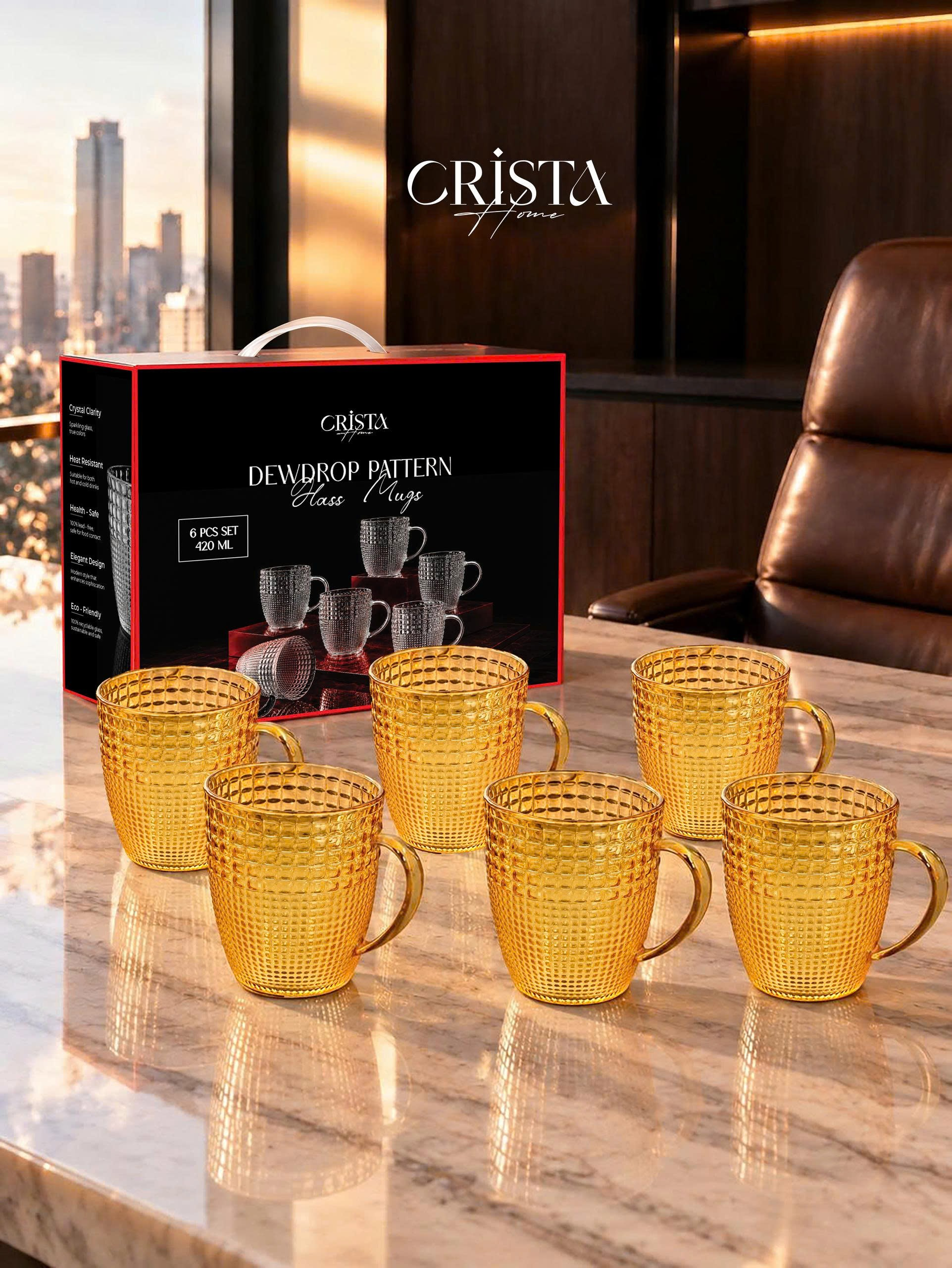 BỘ 6 CỐC THỦY TINH VÂN HẠT SƯƠNG MAI CÓ QUAI 420ML CRISTA HOME