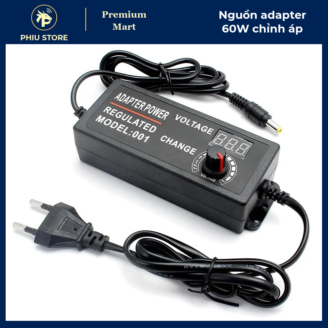 Bộ Nguồn Adapter 60W 5A Chỉnh Điện Áp 3–12V Có Màn Hình LED - Chạy Động Cơ Mini, Dải Đèn LED, Router - PHIU STORE