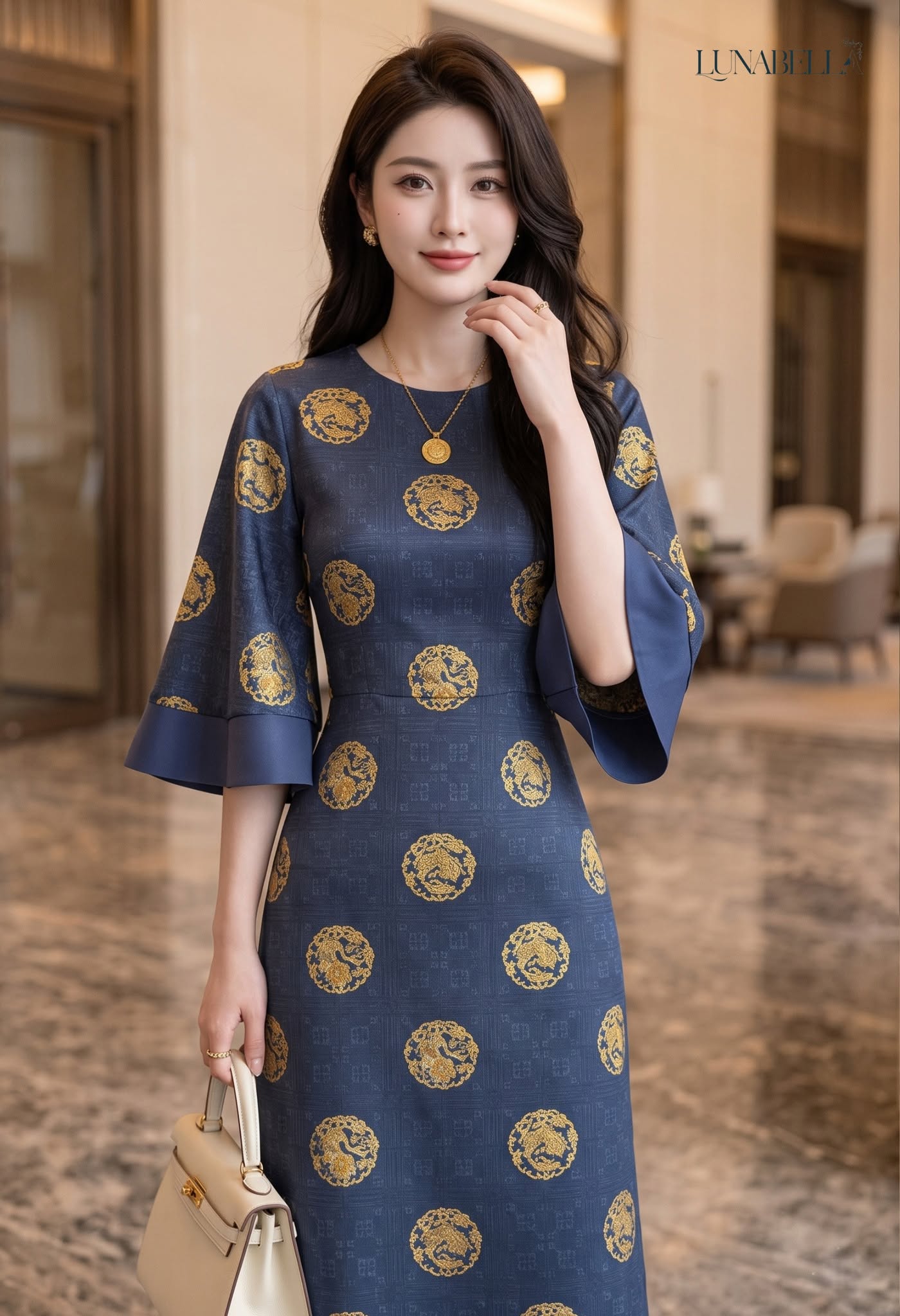 Váy dài cổ tròn tay loe RELIA màu XANH NAVY_thumbnail_2