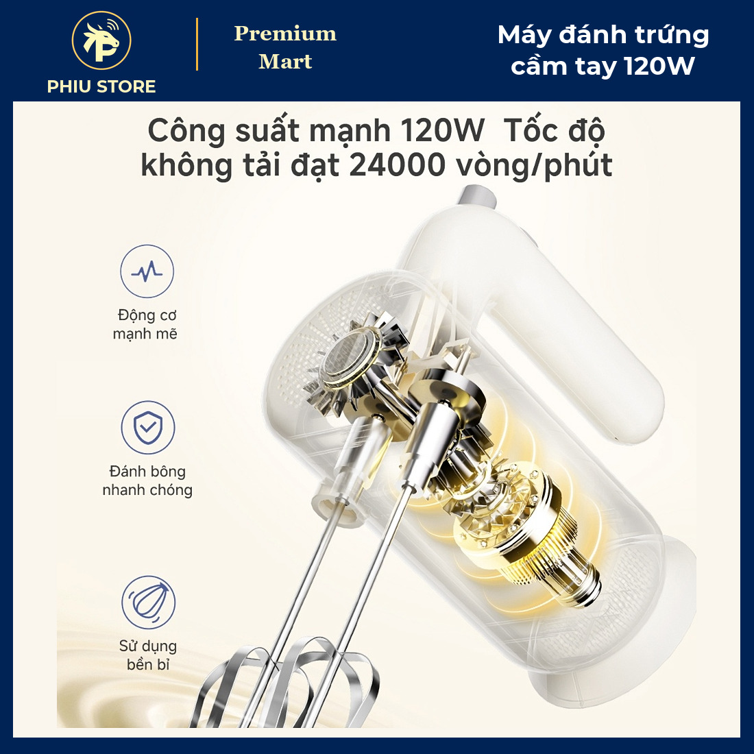 Máy Đánh Trứng Cầm Tay 120W 5 Mức Tốc Độ Kèm 4 Que Đánh Trứng, Nhào Bột - Máy Đánh Kem, Trộn Bột Làm Bánh - PHIU STORE_thumbnail_6