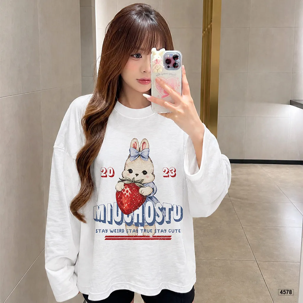 Áo thun nữ boxy tay dài cotton xước thỏ dâu đỏ Miucho 4578_thumbnail_6