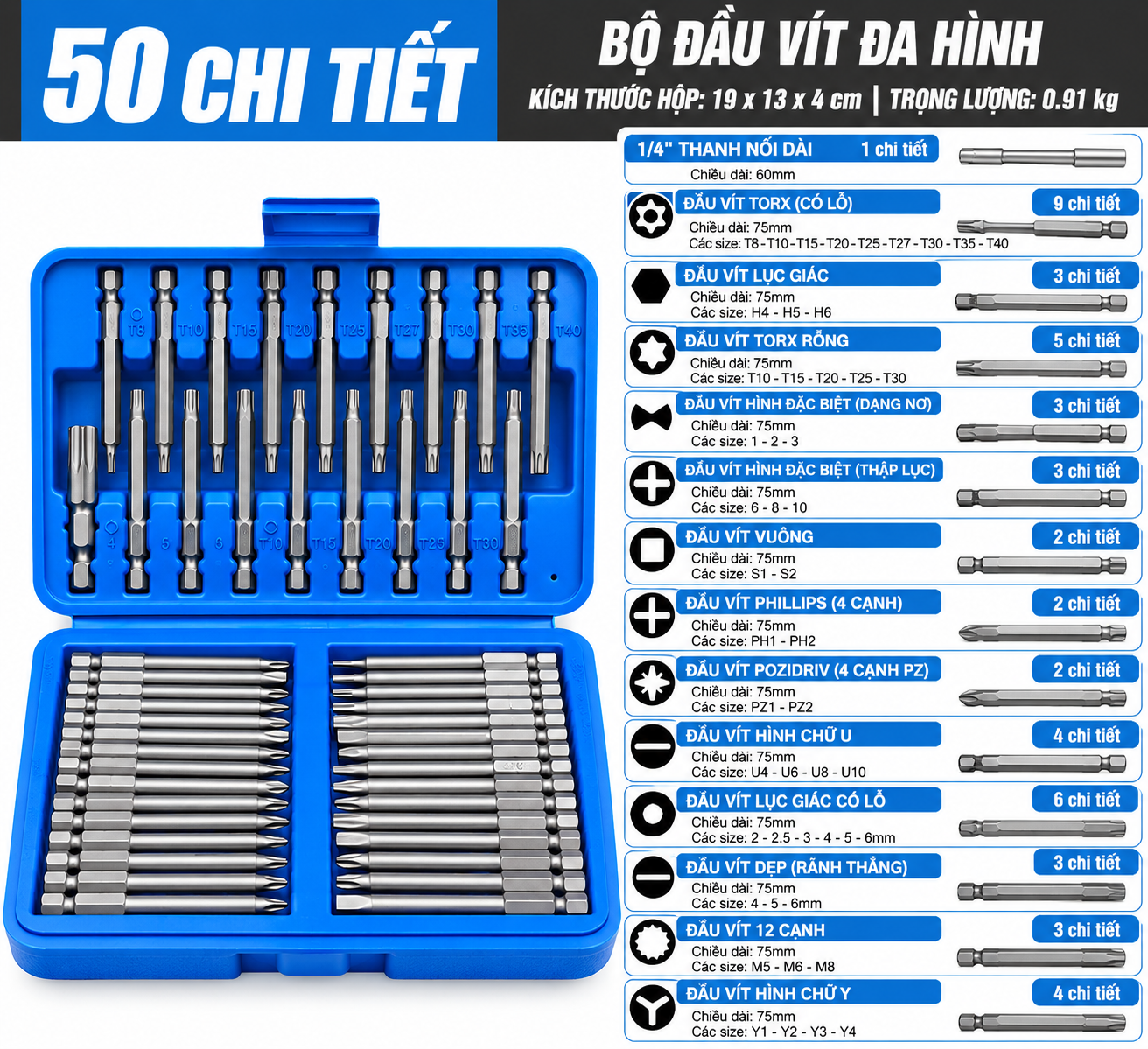 Bộ tháo vít chuôi lục giác 6.35mm, đầy đủ đầu vít đặc biệt và phổ thông_thumbnail_4