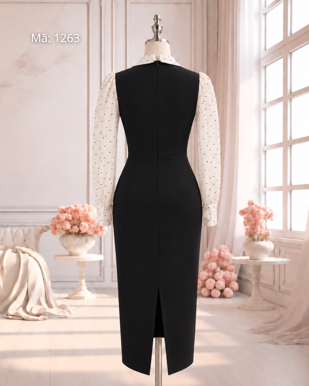 Đầm Bút Chì Cổ Bèo Phối Chấm Bi