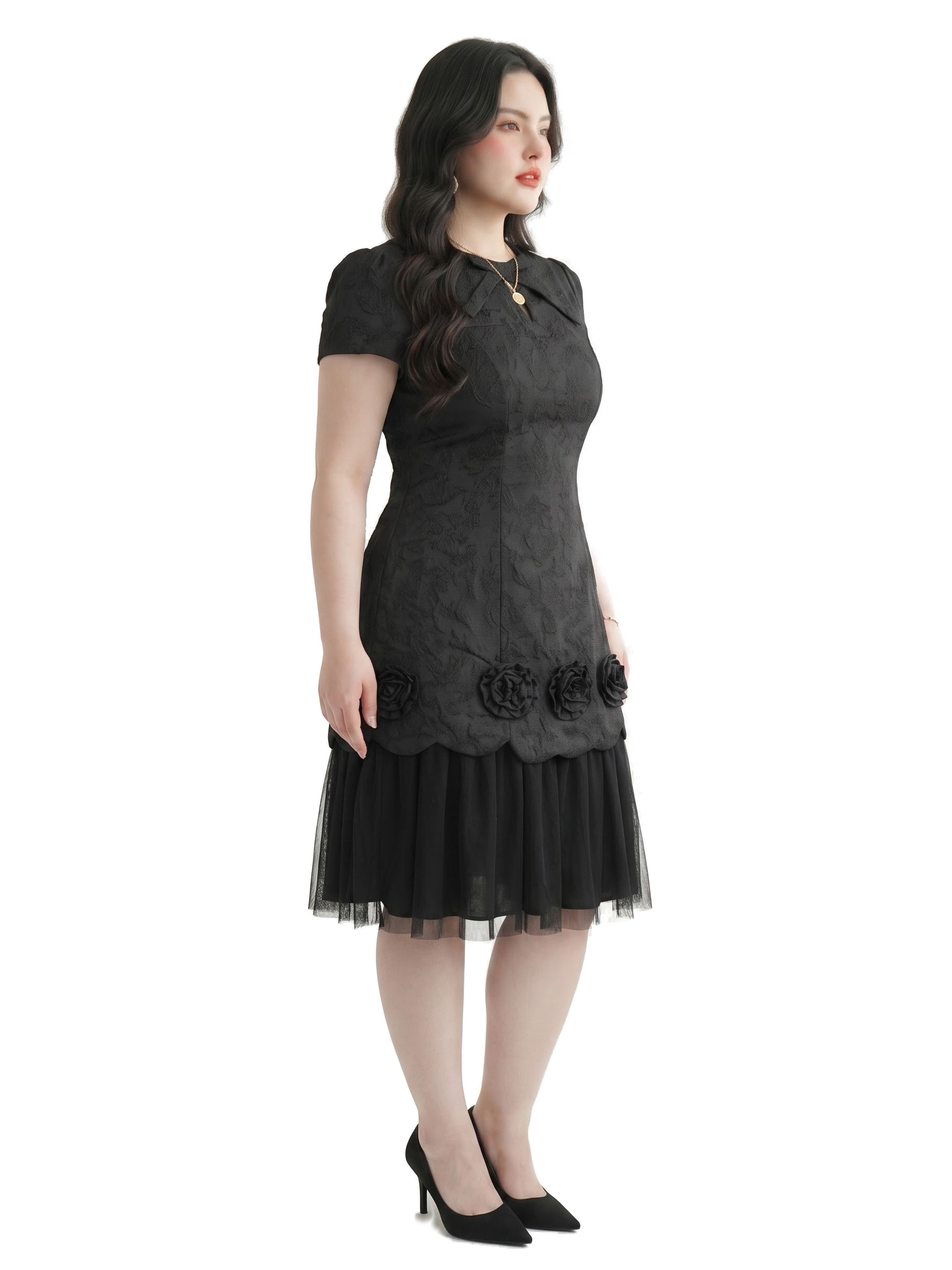 Đầm Gấm Hoa Dáng A Phối Lưới Bigsize Tạo Dáng Gọn, Hoa Nổi Lai Đầm - Đen - Vừa 55–95kg - V-DA237_thumbnail_1
