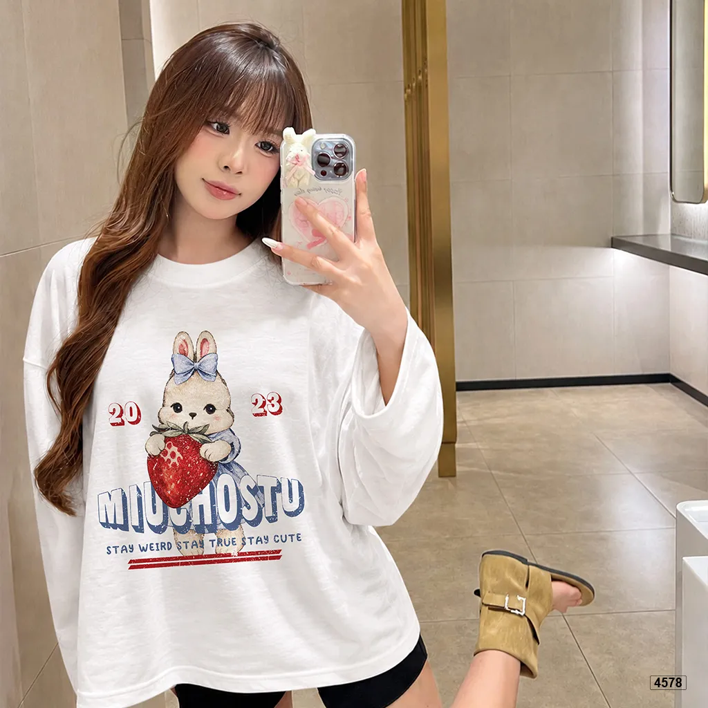 Áo thun nữ boxy tay dài cotton xước thỏ dâu đỏ Miucho 4578_thumbnail_4