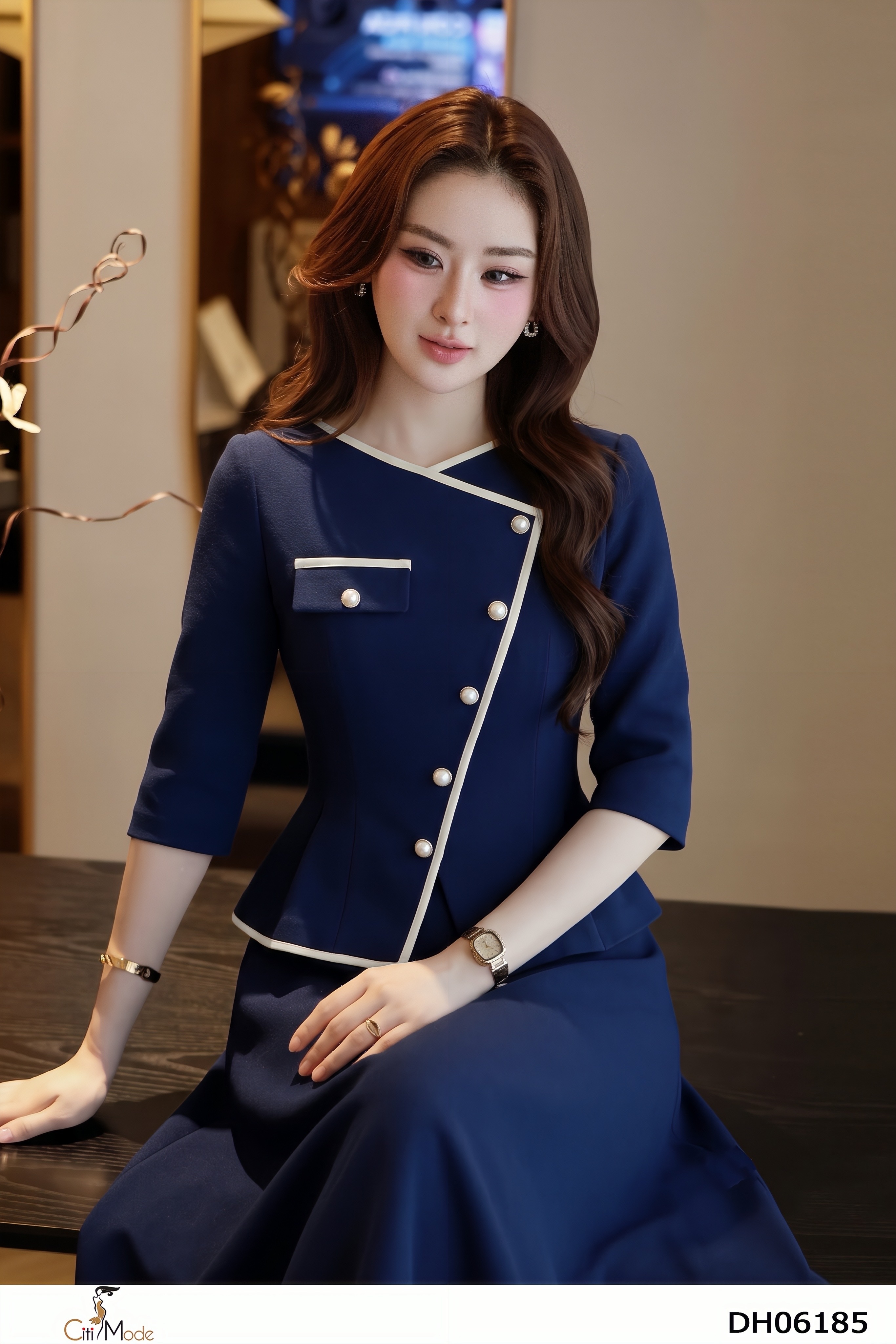 Đầm xòe giả set xanh đen tay dài cổ V  phối viền