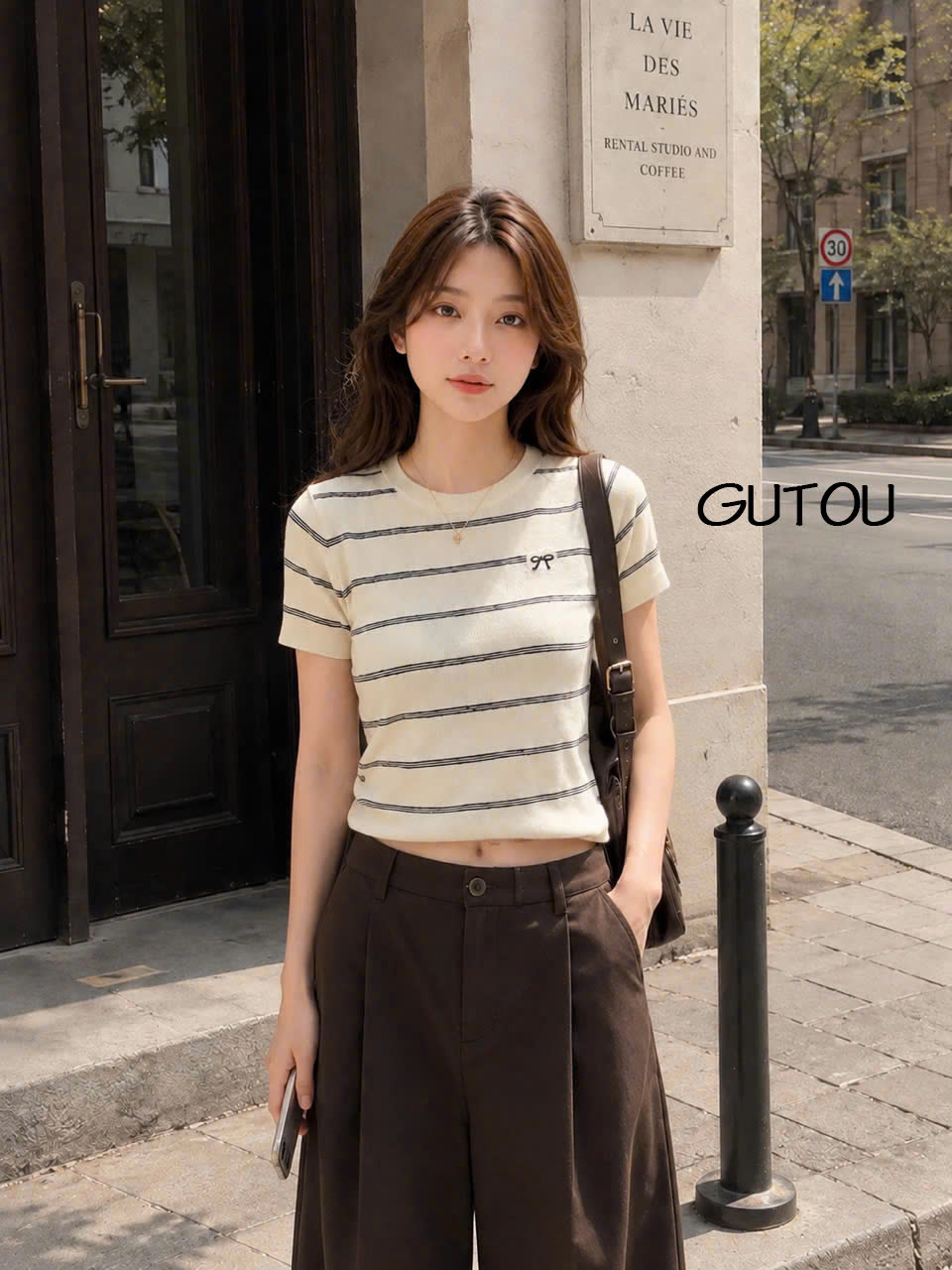 [ GUTOU ] Áo Len Mongtogi Tay Ngắn Sọc Ngang Họa Tiết Nơ Nhỏ_thumbnail_7