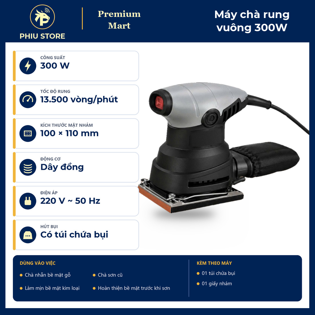Máy Chà Nhám Rung Vuông 300W Mặt Nhám 100x110 mm Có Túi Hút Bụi - Chà Gỗ, Chà Sơn Cũ, Làm Mịn Kim Loại - PHIU STORE_thumbnail_2