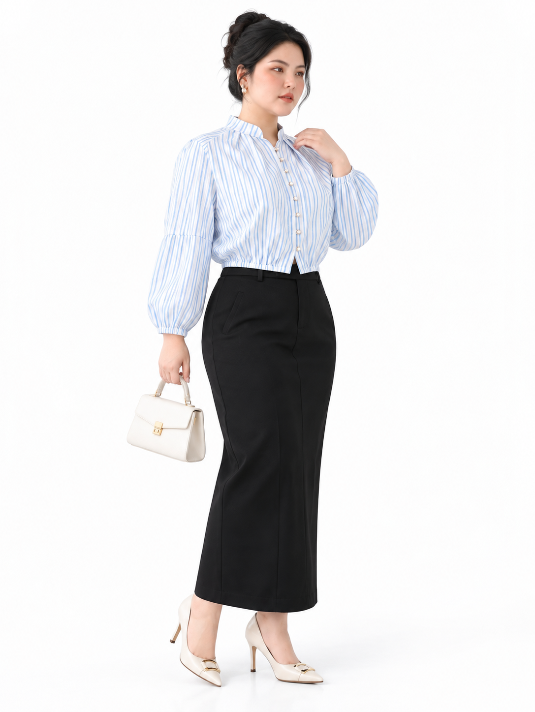Áo Kiểu Xô Sọc Cổ Trụ Tay Bồng Phối Nút Bigsize Bo Eo - Xanh Trắng - Vừa 55–95kg - V-AK138