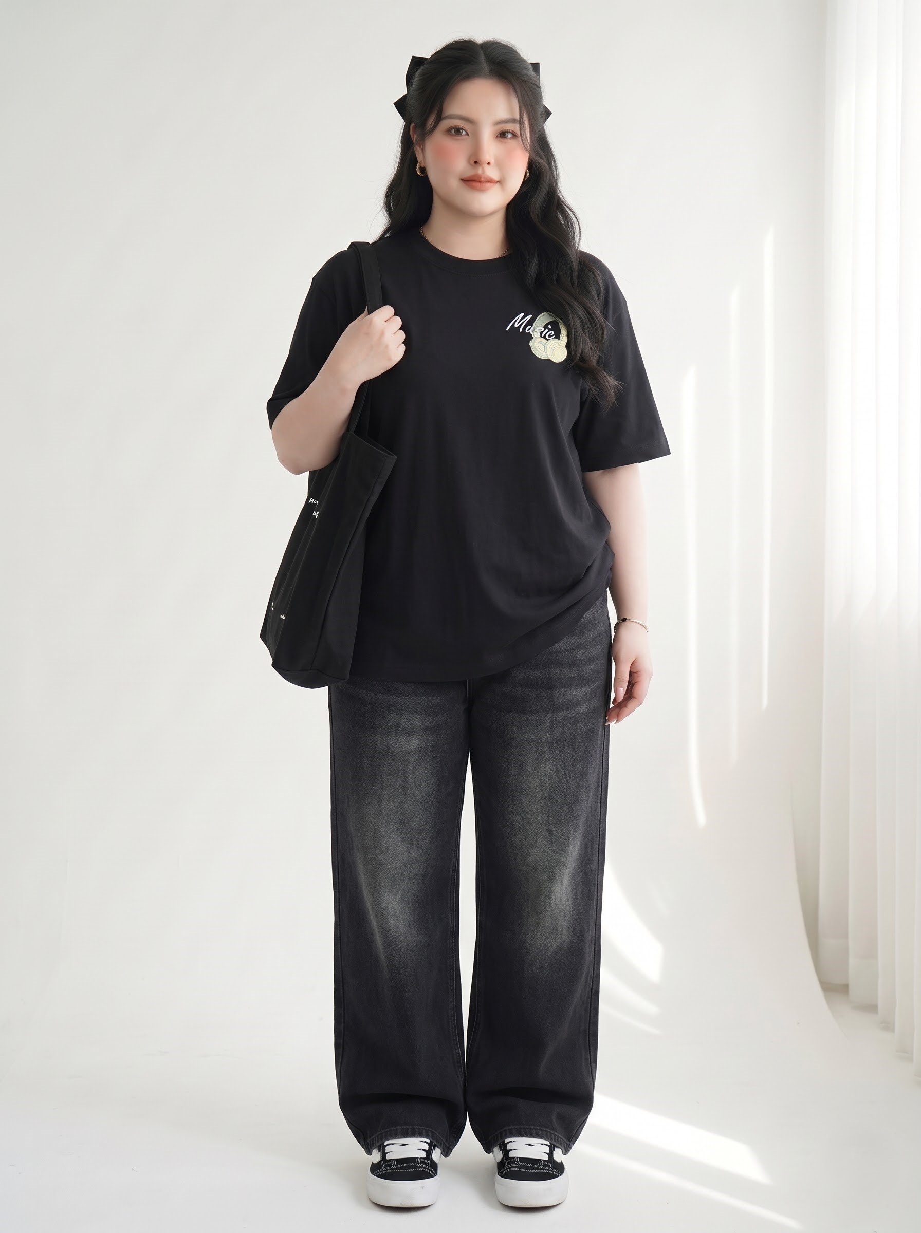 V-AK102-6 Plus-Size Oversized Musical Headphone-Print T-Shirt - Black