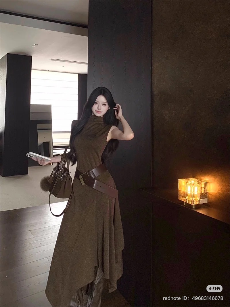 Lucas - Váy thun len cổ dựng zile chân may phối xéo lệch + belt_thumbnail_4
