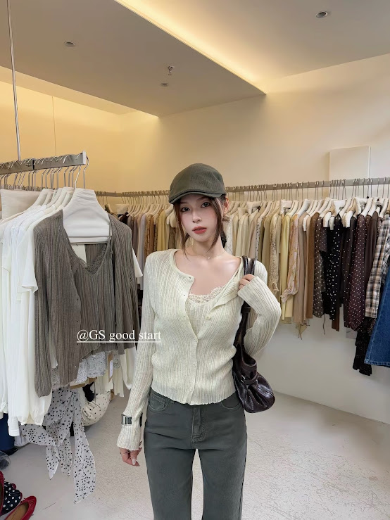 Lucas - Set áo len 2 dây gân dọc viền ren nhẹ + áo cardigan gân dọc cài cúc_thumbnail_1