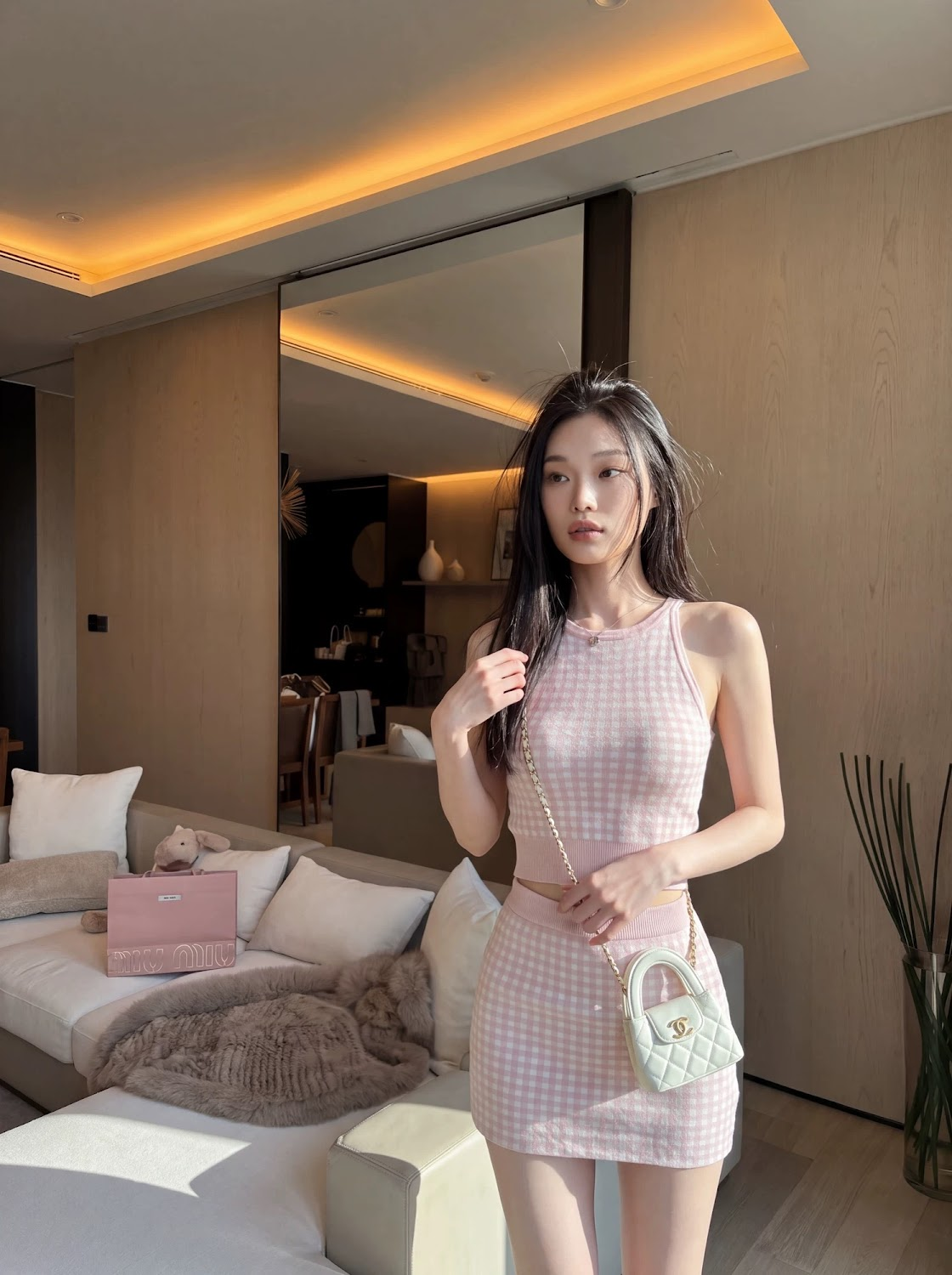 Lucas - Set váy len 3 chi tiết áo yếm + áo khoác cài cúc + chân váy ngắn họa tiết caro cổ sen_thumbnail_2