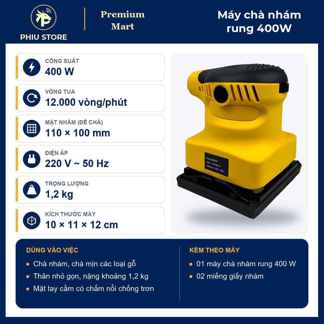 Máy Chà Nhám Rung Cầm Tay 400W Màu Vàng, Mặt Nhám 110 x 100 mm, Tặng 2 Miếng Giấy Nhám - Chà Mịn Gỗ - PHIU STORE_thumbnail_1