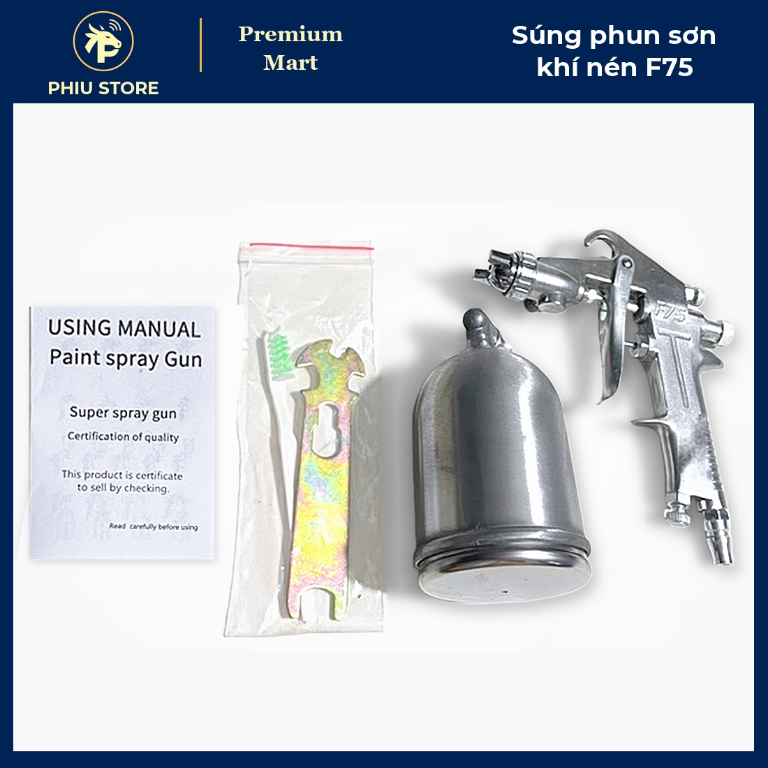 Súng Phun Sơn Khí Nén F75 Cốc Trên 400cc, Lỗ Phun 1,5 mm - Phun Sơn Đều, Bóng Mịn, Dùng Với Máy Nén Khí - PHIU STORE