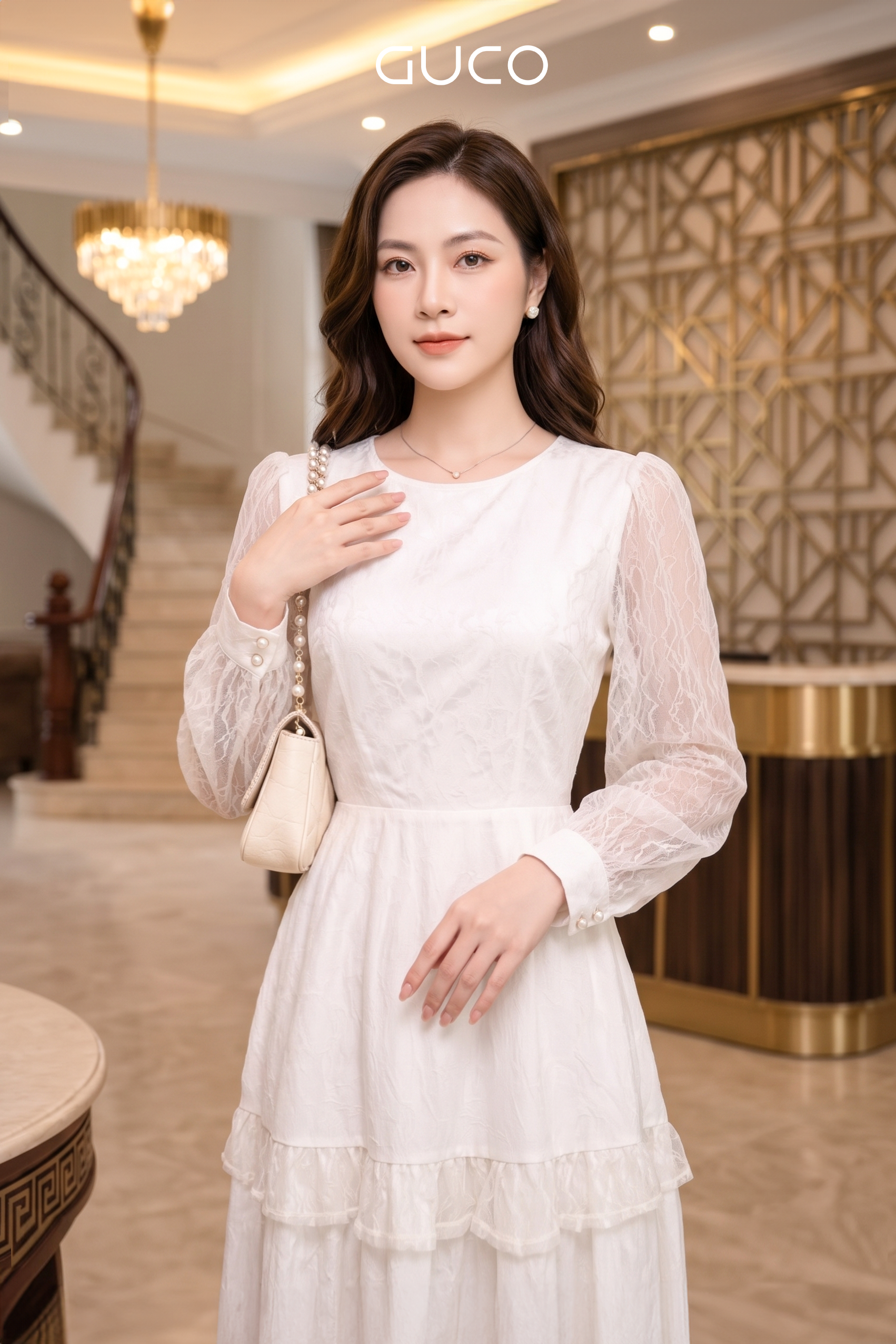 Đầm Xòe Trắng Kem Phối Tơ Xếp Tầng Tay Dài - 5283_thumbnail_1