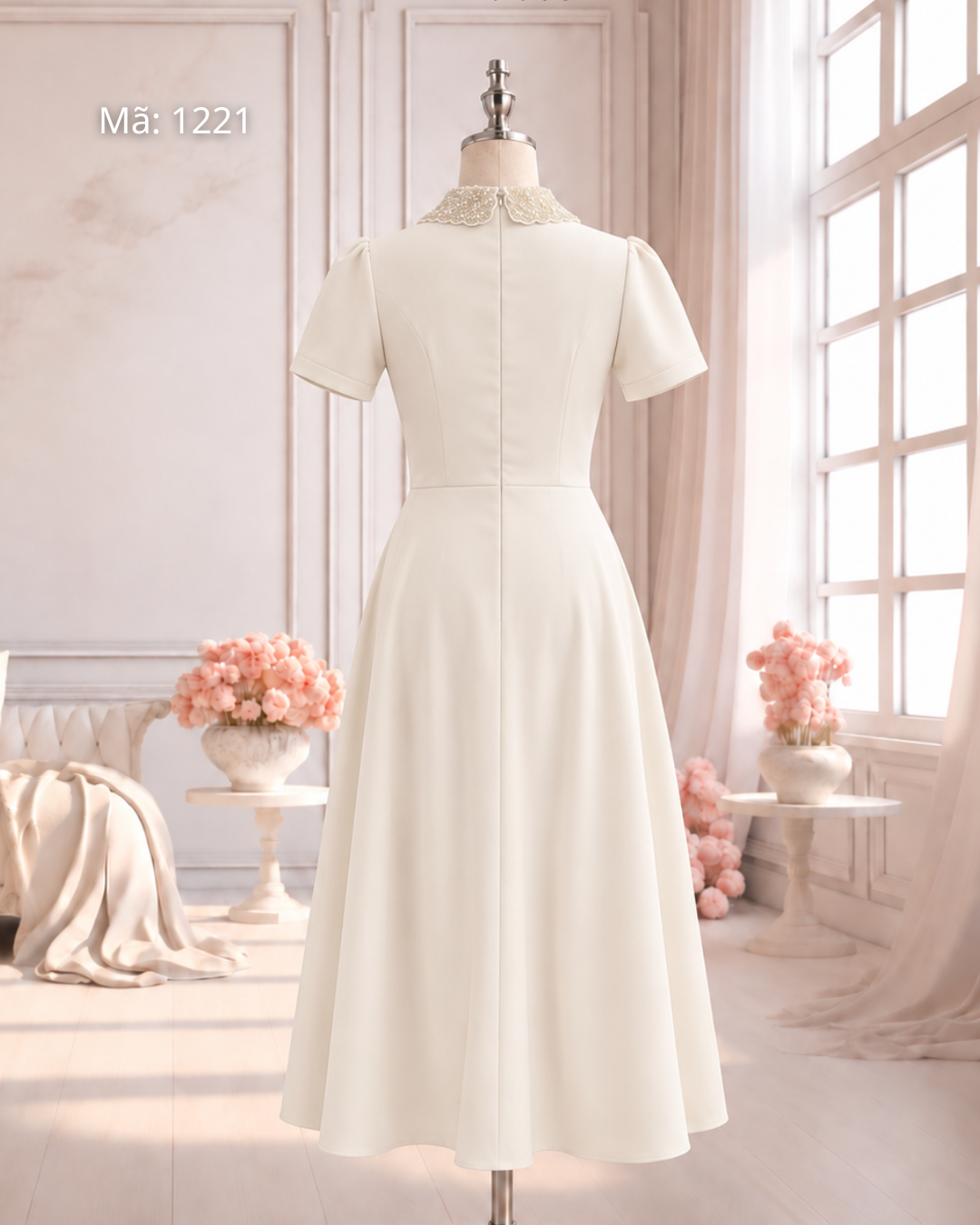 Đầm Xoè Cúc Bọc Nơ Eo Cườm Cổ