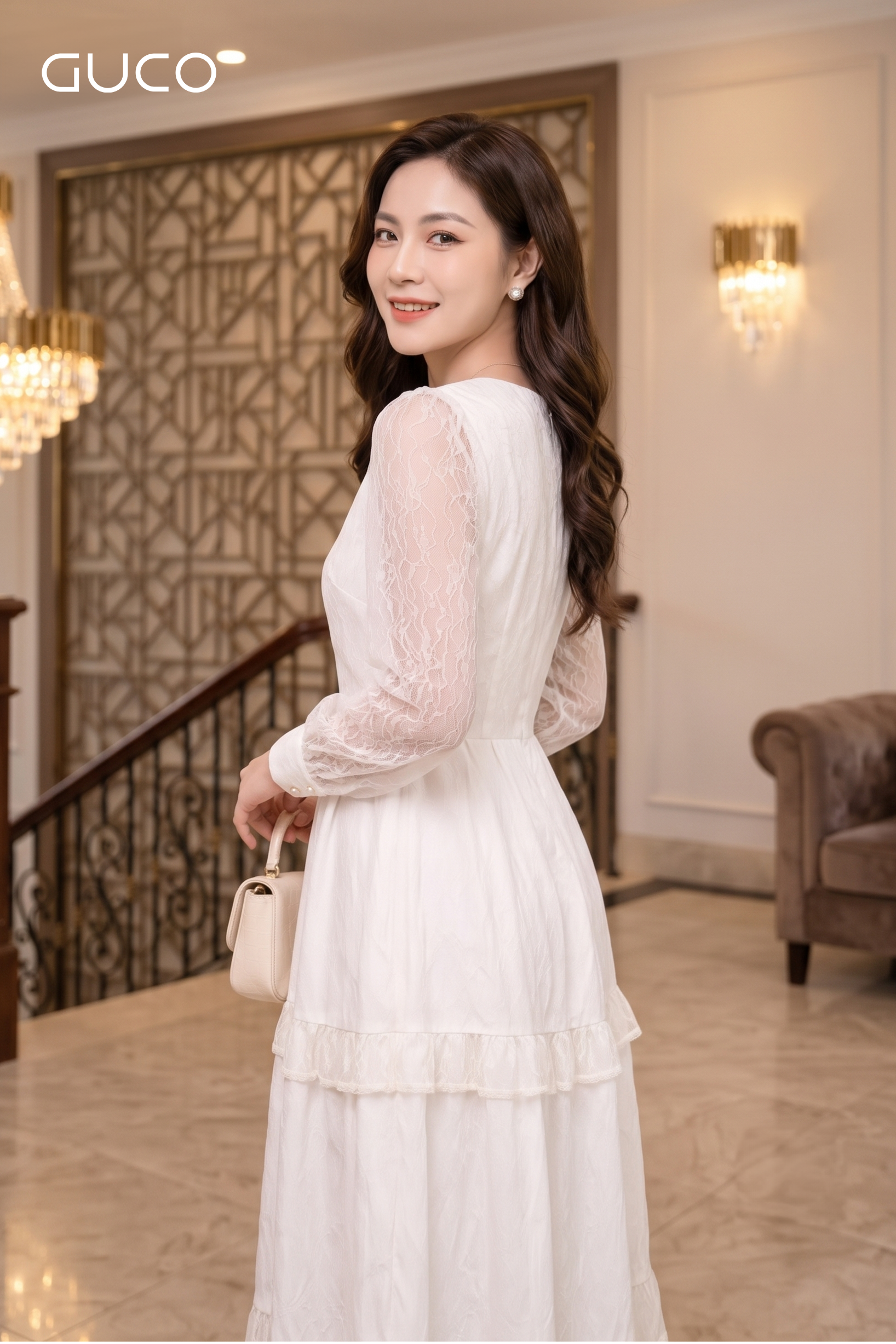 Đầm Xòe Trắng Kem Phối Tơ Xếp Tầng Tay Dài - 5283_thumbnail_2