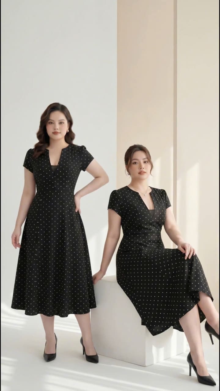 Mặc thử Đầm Chấm Bi Dáng Dài Phối Lưới V-DA218