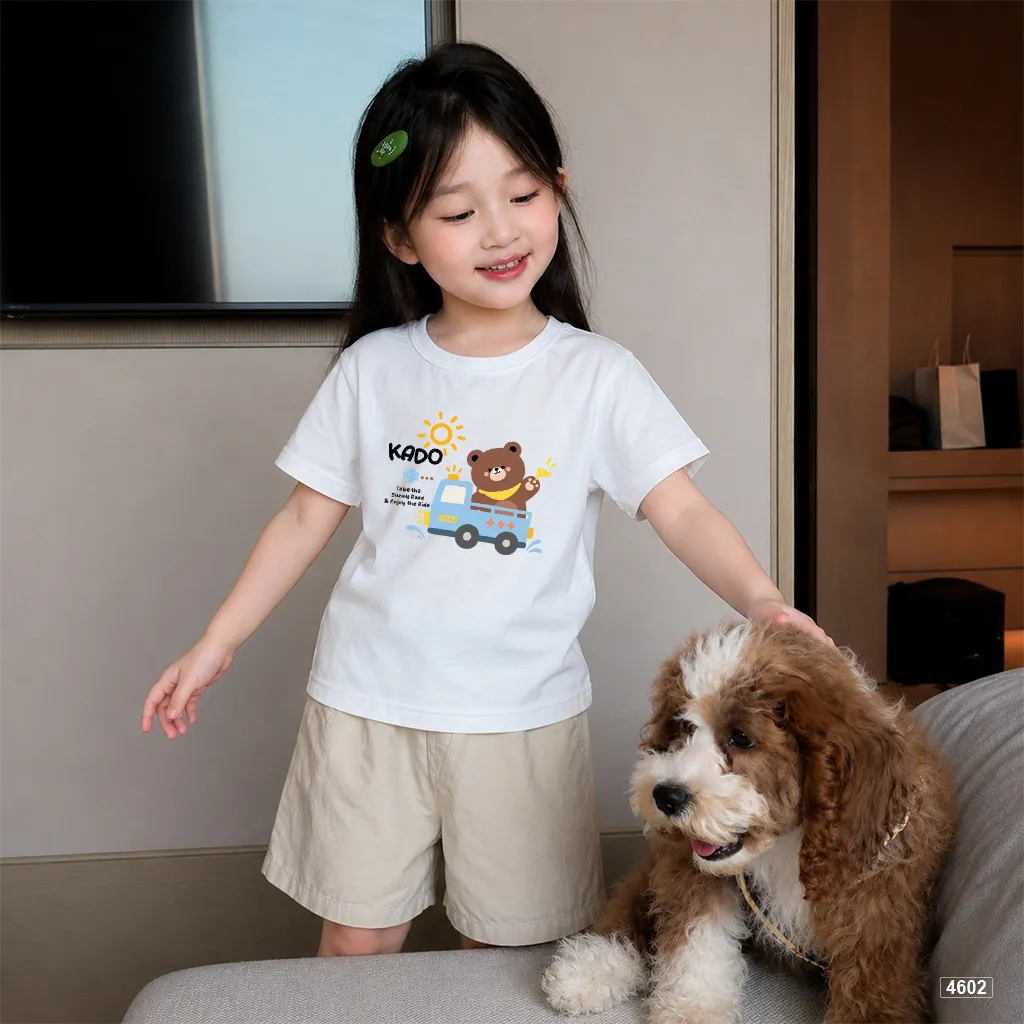 Áo thun trẻ em Kado cổ tròn in hình gấu lái xe hoạt hình dễ thương năng động cho bé trai bé gái 4602_thumbnail_3