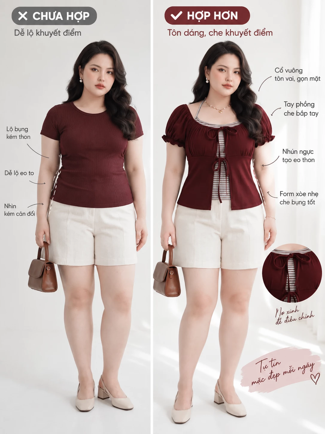 Poster đối chiếu cách mặc áo trơn và V-AK128, làm rõ cổ áo, nhún và dây nơ ở thân trước